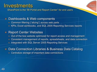 Investments                                                                   Business
                                                                              Intelligence


     SharePoint is the “BI Portal and Report Center” for end users


     Dashboards & Web components
        Common filtering (“slicing”) across web parts
        KPIs, Excel workbooks, and SQL 2005 Reporting Services reports

     Report Center Websites
        Out of the box website optimized for report access and management
        Consistent management of reports, spreadsheets, and data connection
        Integrated with SQL Server 2005 Reporting Services

     Data Connection Libraries & Business Data Catalog
        Centralize storage of important data connections




48
 