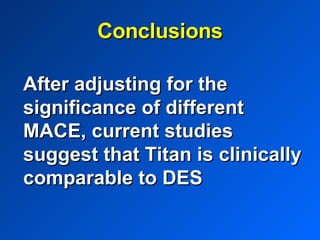 After adjusting for the significance of different MACE, current studies suggest that Titan is clinically comparable to DES Conclusions 