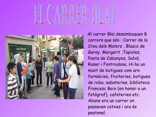 Al carrer Blai desemboquen 8 carrers que són : Carrer de la Creu dels Molers , Blasco de Garay, Margarit ,Tapioles, Poeta de Cabanyes, Salvà, Roser i Fontrodona. Hi ha un munt de botigues com ara farmàcies, fruiteries, botigues de roba, sabateries, biblioteca Francesc Boix (en honor a un fotògraf), cafeteries etc. Abans era un carrer on passaven cotxes i ara és peatonal. 