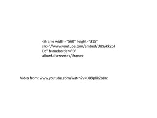 <iframe width="560" height="315"
src="//www.youtube.com/embed/DB9pKkZoJ
Dc" frameborder="0"
allowfullscreen></iframe>

Video from: www.youtube.com/watch?v=DB9pKkZoJDc

 