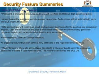 Security Feature Summaries SharePoint Security Framework Model What CKS FBA has delivered: Password is encrypted in SQL DB and from web interface and follows dept. password policy. A user has ability to request website access via website. And a record will be automatically save into SQL User List database.  Site administrator will receive an email, and can grant permission for the pending new registration request. User will then receive the login authorization email with the automatically generated password in plain text, when site administrator approves request. New registered user can change password. Forgotten password function sends a new password to the registered email address. Web interface to allow site administrator can create a new user & add user into a site group, deactivate or delete a user from site level. The record will be saved into SQL DB. 