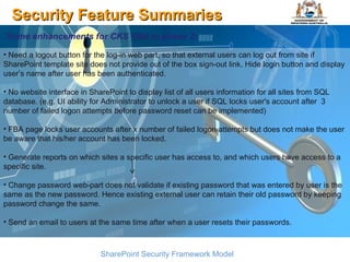Security Feature Summaries SharePoint Security Framework Model Some enhancements for CKS FBA in phase 2: Need a logout button for the log-in web part, so that external users can log out from site if SharePoint template site does not provide out of the box sign-out link. Hide login button and display user’s name after user has been authenticated. No website interface in SharePoint to display list of all users information for all sites from SQL database. (e.g. UI ability for Administrator to unlock a user if SQL locks user's account after  3 number of failed logon attempts before password reset can be implemented) FBA page locks user accounts after x number of failed logon attempts but does not make the user be aware that his/her account has been locked. Generate reports on which sites a specific user has access to, and which users have access to a specific site. Change password web-part does not validate if existing password that was entered by user is the same as the new password. Hence existing external user can retain their old password by keeping password change the same.  Send an email to users at the same time after when a user resets their passwords.  