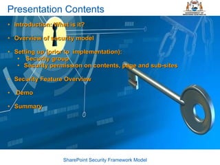 Presentation Contents Introduction: What is it? Overview of security model Setting up (prior to  implementation):  Security group  Security permission on contents, page and sub-sites Security Feature Overview Demo Summary SharePoint Security Framework Model 