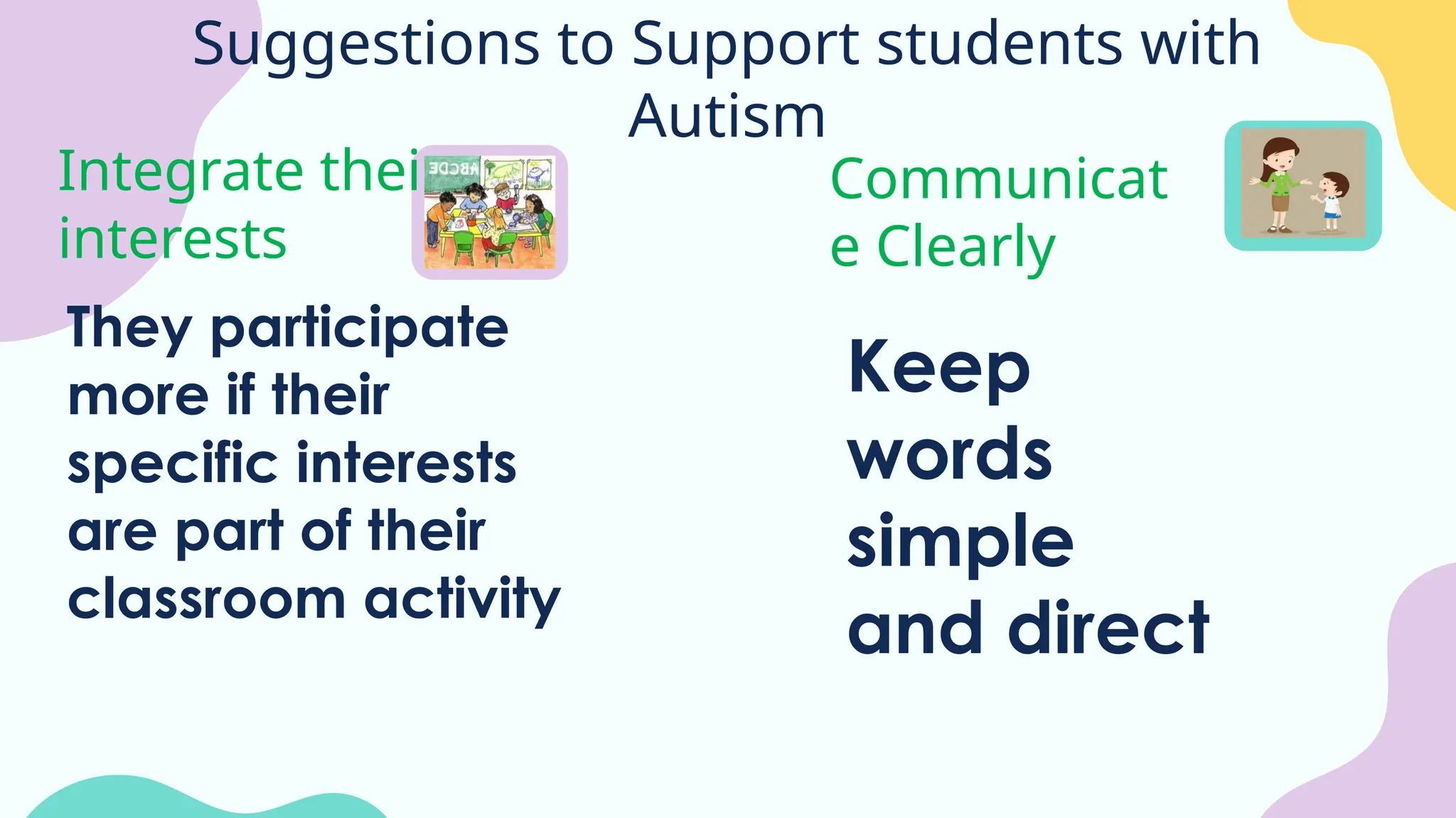 Suggestions to Support students with
Autism
Communicat
e Clearly
Integrate their
interests
Keep
words
simple
and direct
They participate
more if their
specific interests
are part of their
classroom activity
 