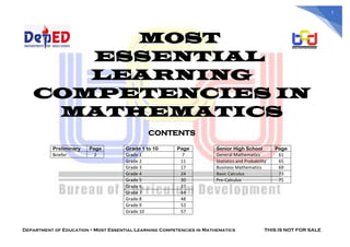 Department of Education  Most Essential Learning Competencies in Mathematics THIS IS NOT FOR SALE
1
MOST
ESSENTIAL
LEARNING
COMPETENCIES IN
MATHEMATICS
CONTENTS
Preliminary Page Grade 1 to 10 Page Senior High School Page
Briefer 2 Grade 1 7 General Mathematics 61
Grade 2 11 Statistics and Probability 65
Grade 3 17 Business Mathematics 69
Grade 4 24 Basic Calculus 73
Grade 5 30 Pre-Calculus 75
Grade 6 37
Grade 7 44
Grade 8 48
Grade 9 53
Grade 10 57
 