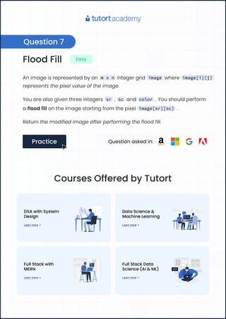 Flood Fill Easy
An image is represented by an m x n integer grid image where image[i][j]
represents the pixel value of the image.
You are also given three integers sr , sc and color . You should perform
a flood fill on the image starting from the pixel image[sr][sc] .
Return the modified image after performing the flood fill.
Practice
Practice Question asked in:
Question 7
Courses Offered by Tutort
DSA with System 

Design
Learn more
Data Science & 

Machine Learning
Learn more
Full Stack with 

MERN
Learn more
Full Stack Data
Science (AI& ML)
Learn more
 