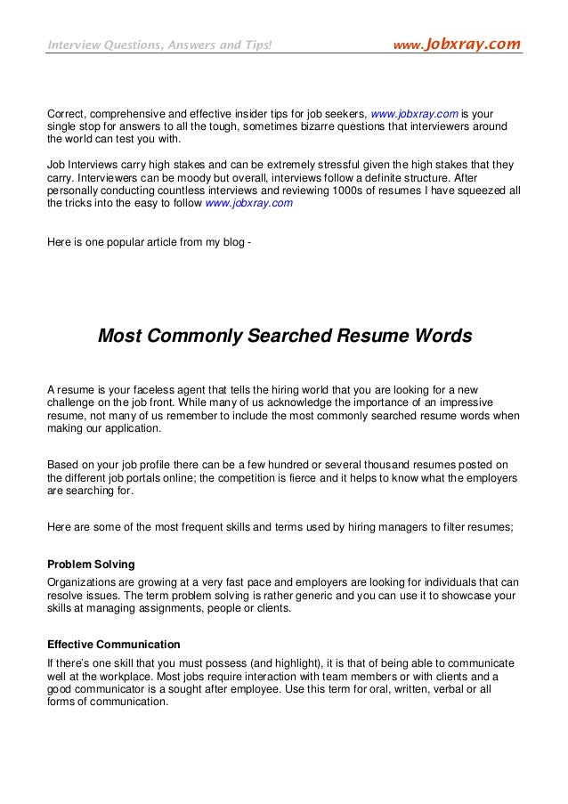 most commonly searched resume words from wwwjobxraycom