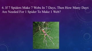 6. If 7 Spiders Make 7 Webs In 7 Days, Then How Many Days
Are Needed For 1 Spider To Make 1 Web?
 