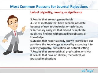 Lack of originality, novelty, or significance Results that are not generalizable Use of methods that have become obsolete because of new technologies or techniques Secondary analyses that extend or replicate published findings without adding substantial knowledge Studies that report already known knowledge but positions the knowledge as novel by extending it to a new geography, population, or cultural setting Results that are unoriginal, predictable, or trivial Results that have no clinical, theoretical, or practical implications Most Common Reasons for Journal Rejections 