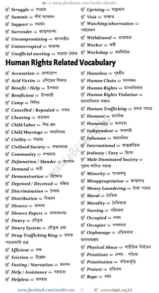 📚  www.facebook.com/tanbir.ebooks
www.facebook.com/tanbir.cox 👆 🎯 www.eB👀k.org.bd
🎯 Struggle ➯ সংগ্রাম
🎯 Summit ➯ েীষে সশম্মলন
🎯 Support ➯ সমথেন
🎯 Surrender ➯ আত্মসমপেন
🎯 Uncompromising ➯ আপসহীন
🎯 Uninterrupted ➯ অবযাহ্ত
🎯 Unofficial meeting ➯ ঘশরায়া স্ববেক
🎯 Uprising ➯ অভু যত্থান
🎯 Visit ➯ সাক্ষাত
🎯 Watching/observation ➯
পযেশবক্ষে
🎯 Withdrawal ➯ প্রতযাহার
🎯 Worker ➯ কমেী
🎯 Workshop ➯ কমেবেববর
Human Rights Related Vocabulary
🎯 Accusation ➯ রদাষাশরাপ
🎯 Acid Victim ➯ এবসশডর বেকার
🎯 Benefit / Help ➯ উপকার
🎯 Benificient ➯ উপকারী
🎯 Camp ➯ বেববর
🎯 Cancelled / Repealed ➯ নাকি
🎯 Cheating ➯ প্রতারো
🎯 Child Labor ➯ বেশু শ্রম
🎯 Child Marriage ➯ বালযবববাহ
🎯 Civility ➯ সভযতা
🎯 Civilized Society ➯ সভযসমাজ
🎯 Community ➯ সম্প্রদায়
🎯 Defamation / Slander ➯ অপবাদ
🎯 Demand ➯ দাবী
🎯 Demonstration ➯ ববশক্ষাভ
🎯 Deprived / Deceived ➯ ববিত
🎯 Discrimination ➯ স্ববষময
🎯 Distribution ➯ ববতরে
🎯 Divorce ➯ তালাক
🎯 Divorce Papers ➯ তালাকনামা
🎯 Dowry ➯ রযৌতুক
🎯 Dowry System ➯ রযৌতুক প্রথা
🎯 Drug-Trafficking Ring ➯ মাদক
পািারকাবর িি
🎯 Efficient ➯ দক্ষ
🎯 Eviction ➯ উশচ্ছদ
🎯 Fasting / Starvation ➯ অনেন
🎯 Help / Assistance ➯ সহায়তা
🎯 Helpless ➯ অসহায়
🎯 Homeless ➯ েৃহহীন
🎯 Human Chain ➯ মানবন্ধন
🎯 Human Rights ➯ মানবাবধকার
🎯 Human Rights Violation ➯
মানবাবধকার লঙ্ঘন
🎯 Human Trafficking ➯ মানব পািার
🎯 Humane ➯ মানববক
🎯 Humanity ➯ মানবতা
🎯 Independent ➯ ৈাবলম্বী
🎯 Inhuman ➯ অমানববক
🎯 International ➯ আন্তজোবতক
🎯 Jealousy / Envy ➯ বহংসা
🎯 Male Dominated Society ➯
পুরুষ-োবসত সমাজ
🎯 Minority ➯ সংখ্যালঘু
🎯 Misappropriation ➯ আত্মসাত্
🎯 Money Laundering ➯ টাকা পািার
🎯 Moral ➯ স্বনবতক
🎯 Morality ➯ স্বনবতকতা
🎯 Nursing ➯ পবরশষবা
🎯 Occupied ➯ দখ্ল
🎯 Occupier ➯ দখ্লদার
🎯 Orphanage ➯ এবতমখ্ানা -
অনাথআশ্রম
🎯 Physical Abuse ➯ োরীবরক বনযোতন
🎯 Prostitute ➯ রবেযা - পবততা
🎯 Prostitution ➯ পবততাবৃবত্ত
🎯 Protest ➯ প্রবতবাদ
🎯 Rape ➯ ধষেন
 