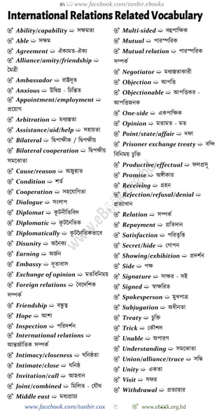 📚  www.facebook.com/tanbir.ebooks
www.facebook.com/tanbir.cox 👆 🎯 www.eB👀k.org.bd
International Relations Related Vocabulary
🎯 Ability/capability ➯ সক্ষমতা
🎯 Able ➯ সক্ষম
🎯 Agreement ➯ ঐকযমত-ঐকয
🎯 Alliance/amity/friendship ➯
স্বমত্রী
🎯 Ambassador ➯ রাষ্ট্রদূত
🎯 Anxious ➯ উবদ্বগ্ন - বিবন্তত
🎯 Appointment/employment ➯
প্রশয়াে
🎯 Arbitration ➯ মধযস্ততা
🎯 Assistance/aid/help ➯ সহায়তা
🎯 Bilateral ➯ বদ্বপাক্ষীক / বদ্বপক্ষীয়
🎯 Bilateral cooperation ➯ বদ্বপক্ষীয়
সমশঝাতা
🎯 Cause/reason ➯ অজুহাত
🎯 Condition ➯ েতে
🎯 Cooperation ➯ সহশযাবেতা
🎯 Dialogue ➯ সংলাপ
🎯 Diplomat ➯ কূ টনীবতববদ
🎯 Diplomatic ➯ কূ টচনবতক
🎯 Diplomatically ➯ কূ টচনবতকভাশব
🎯 Disunity ➯ অচনকয
🎯 Earning ➯ অজেন
🎯 Embassy ➯ দূতাবাস
🎯 Exchange of opinion ➯ মতবববনময়
🎯 Foreign relations ➯ স্ববশদবেক
সম্পকে
🎯 Friendship ➯ বন্ধু ত্ব
🎯 Hope ➯ আো
🎯 Inspection ➯ পবরদেেন
🎯 International relations ➯
আন্তজোবতক সম্পকে
🎯 Intimacy/closeness ➯ ঘবনষ্ঠতা
🎯 Intimate/close ➯ ঘবনষ্ঠ
🎯 Invitation/call ➯ আহবান
🎯 Joint/combined ➯ বমবলত - রযৌথ
🎯 Middle east ➯ মধযপ্রািয
🎯 Multi-sided ➯ বহুপাবক্ষক
🎯 Mutual ➯ পারস্পবরক
🎯 Mutual relation ➯ পারস্পবরক
সম্পকে
🎯 Negotiator ➯ মধযস্ততাকারী
🎯 Objection ➯ আপবত্ত
🎯 Objectionable ➯ আপবত্তকর -
আপবত্তজনক
🎯 One-side ➯ একপাবক্ষক
🎯 Opinion ➯ মতামত - মত
🎯 Point/state/affair ➯ দো
🎯 Prisoner exchange treaty ➯ ববি
বববনময় িুবি
🎯 Productive/effectual ➯ েলপ্রসূ
🎯 Promise ➯ অঙ্গীকার
🎯 Receiving ➯ গ্রহন
🎯 Rejection/refusal/denial ➯
প্রতযাখ্ান
🎯 Relation ➯ সম্পকে
🎯 Repayment ➯ প্রবতদান
🎯 Satisfaction ➯ পবরতৃবপ্ত
🎯 Secret/hide ➯ রোপন
🎯 Showing/exhibition ➯ প্রদেেন
🎯 Side ➯ পক্ষ
🎯 Signature ➯ সাক্ষর - সই
🎯 Signed ➯ ৈাক্ষবরত
🎯 Spokesperson ➯ মুখ্পাত্র
🎯 Subjugation ➯ অধীনতা
🎯 Treaty ➯ িুবি
🎯 Trick ➯ রকৌেল
🎯 Unable ➯ অপারে
🎯 Understanding ➯ সমশঝাতা
🎯 Union/alliance/truce ➯ সবন্ধ
🎯 Unity ➯ একতা
🎯 Visit ➯ সের
🎯 Withdrawal ➯ প্রতযাহার
 