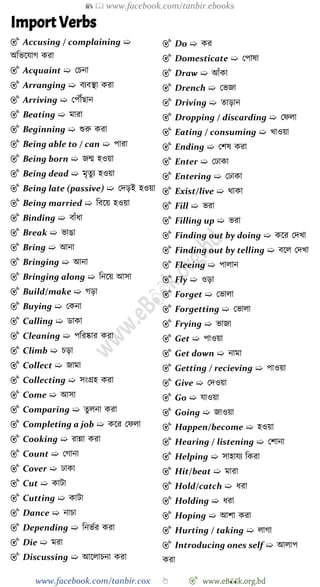 📚  www.facebook.com/tanbir.ebooks
www.facebook.com/tanbir.cox 👆 🎯 www.eB👀k.org.bd
Import Verbs
🎯 Accusing / complaining ➯
অবভশযাে করা
🎯 Acquaint ➯ রিনা
🎯 Arranging ➯ বযবস্থা করা
🎯 Arriving ➯ রপৌঁছান
🎯 Beating ➯ মারা
🎯 Beginning ➯ শুরু করা
🎯 Being able to / can ➯ পারা
🎯 Being born ➯ জন্ম হওয়া
🎯 Being dead ➯ মৃতুয হওয়া
🎯 Being late (passive) ➯ রদড়ই হওয়া
🎯 Being married ➯ ববশয় হওয়া
🎯 Binding ➯ বাোঁধা
🎯 Break ➯ ভাঙা
🎯 Bring ➯ আনা
🎯 Bringing ➯ আনা
🎯 Bringing along ➯ বনশয় আসা
🎯 Build/make ➯ েড়া
🎯 Buying ➯ রকনা
🎯 Calling ➯ ডাকা
🎯 Cleaning ➯ পবরষ্কার করা
🎯 Climb ➯ িড়া
🎯 Collect ➯ জামা
🎯 Collecting ➯ সংগ্রহ করা
🎯 Come ➯ আসা
🎯 Comparing ➯ তুলনা করা
🎯 Completing a job ➯ কশর রেলা
🎯 Cooking ➯ রান্না করা
🎯 Count ➯ রোনা
🎯 Cover ➯ ঢাকা
🎯 Cut ➯ কাটা
🎯 Cutting ➯ কাটা
🎯 Dance ➯ নািা
🎯 Depending ➯ বনভের করা
🎯 Die ➯ মরা
🎯 Discussing ➯ আশলািনা করা
🎯 Do ➯ কর
🎯 Domesticate ➯ রপাষা
🎯 Draw ➯ আোঁকা
🎯 Drench ➯ রভজা
🎯 Driving ➯ তাড়ান
🎯 Dropping / discarding ➯ রেলা
🎯 Eating / consuming ➯ খ্াওয়া
🎯 Ending ➯ রেষ করা
🎯 Enter ➯ রঢাকা
🎯 Entering ➯ রঢাকা
🎯 Exist/live ➯ থাকা
🎯 Fill ➯ ভরা
🎯 Filling up ➯ ভরা
🎯 Finding out by doing ➯ কশর রদখ্া
🎯 Finding out by telling ➯ বশল রদখ্া
🎯 Fleeing ➯ পালান
🎯 Fly ➯ ওড়া
🎯 Forget ➯ রভালা
🎯 Forgetting ➯ রভালা
🎯 Frying ➯ ভাজা
🎯 Get ➯ পাওয়া
🎯 Get down ➯ নামা
🎯 Getting / recieving ➯ পাওয়া
🎯 Give ➯ রদওয়া
🎯 Go ➯ যাওয়া
🎯 Going ➯ জাওয়া
🎯 Happen/become ➯ হওয়া
🎯 Hearing / listening ➯ রোনা
🎯 Helping ➯ সাহাযয বকরা
🎯 Hit/beat ➯ মারা
🎯 Hold/catch ➯ ধরা
🎯 Holding ➯ ধরা
🎯 Hoping ➯ আো করা
🎯 Hurting / taking ➯ লাো
🎯 Introducing ones self ➯ আলাপ
করা
 