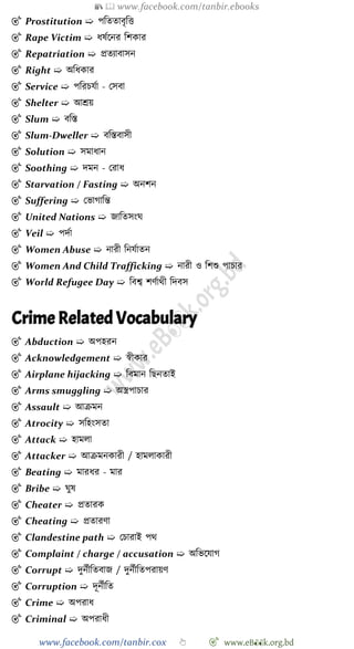 📚  www.facebook.com/tanbir.ebooks
www.facebook.com/tanbir.cox 👆 🎯 www.eB👀k.org.bd
🎯 Prostitution ➯ পবততাবৃবত্ত
🎯 Rape Victim ➯ ধষেশনর বেকার
🎯 Repatriation ➯ প্রতযাবাসন
🎯 Right ➯ অবধকার
🎯 Service ➯ পবরিযো - রসবা
🎯 Shelter ➯ আশ্রয়
🎯 Slum ➯ ববস্ত
🎯 Slum-Dweller ➯ ববস্তবাসী
🎯 Solution ➯ সমাধান
🎯 Soothing ➯ দমন - ররাধ
🎯 Starvation / Fasting ➯ অনেন
🎯 Suffering ➯ রভাোবন্ত
🎯 United Nations ➯ জাবতসংঘ
🎯 Veil ➯ পদো
🎯 Women Abuse ➯ নারী বনযোতন
🎯 Women And Child Trafficking ➯ নারী ও বেশু পািার
🎯 World Refugee Day ➯ ববশ্ব েেোথী বদবস
Crime Related Vocabulary
🎯 Abduction ➯ অপহরন
🎯 Acknowledgement ➯ ৈীকার
🎯 Airplane hijacking ➯ ববমান বছনতাই
🎯 Arms smuggling ➯ অস্ত্রপািার
🎯 Assault ➯ আিমন
🎯 Atrocity ➯ সবহংসতা
🎯 Attack ➯ হামলা
🎯 Attacker ➯ আিমনকারী / হামলাকারী
🎯 Beating ➯ মারধর - মার
🎯 Bribe ➯ ঘুষ
🎯 Cheater ➯ প্রতারক
🎯 Cheating ➯ প্রতারো
🎯 Clandestine path ➯ রিারাই পথ
🎯 Complaint / charge / accusation ➯ অবভশযাে
🎯 Corrupt ➯ দুনেীবতবাজ / দুনেীবতপরায়ে
🎯 Corruption ➯ দূনেীবত
🎯 Crime ➯ অপরাধ
🎯 Criminal ➯ অপরাধী
 