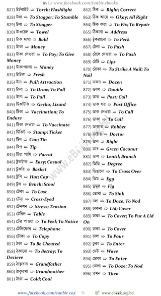 📚  www.facebook.com/tanbir.ebooks
www.facebook.com/tanbir.cox 👆 🎯 www.eB👀k.org.bd
827) টিেলাইট ➯ Torch; Flashlight
828) টলা ➯ To Stagger; To Stumble
829) টলা ➯ To Stagger
830) টাওশয়ল ➯ Towel
831) টাক মাথা ➯ Bald
832) টাকা ➯ Money
833) টাকা রদওয়া ➯ To Pay; To Give
Money
834) টাকাপয়সা ➯ Money
835) টাটকা ➯ Fresh
836) টান ➯ Pull; Attraction
837) টানা ➯ To Draw; To Pull
838) টানা ➯ To Pull
839) বটকবটবক ➯ Gecko; Lizard
840) বটকা ➯ Vaccination; To
Endure
841) বটকা রদওয়া ➯ To Vaccinate
842) বটবকট ➯ Stamp; Ticket
843) বটন ➯ Can; Tin
844) বটপ ➯ Tip
845) বটয়া পাবখ্ ➯ Parrot
846) টু কটাক ➯ Easy; Casual
847) টু কবর ➯ Basket
848) টু বপ ➯ Hat; Cap
849) টু ল ➯ Bench; Stool
850) রটকা ➯ To Last
851) রটড়া ➯ Cross-Eyed
852) রটনেন ➯ Stress; Tension
853) রটববল ➯ Table
854) রটর পাওয়া ➯ To Feel; To Notice
855) রটবলশোন ➯ Telephone
856) রটাকা ➯ To Copy
857) েকা ➯ To Be Cheated
858) েকাশনা ➯ To Betray; To
Decieve
859) োকু রদা ➯ Grandfather
860) োকু রমা ➯ Grandmother
861) োণ্ডা ➯ Cold; Cool
862) বেক ➯ Right; Correct
863) বেক আশছ ➯ Okay; All Right
864) বেক করা ➯ To Fix; To Repair
865) বেকানা ➯ Address
866) েুকরাশনা ➯ To Peck
867) রেলা ➯ To Push
868) রেশল রদওয়া ➯ To Push
869) রোোঁট ➯ Lips
870) রোকা ➯ To Strike A Nail; To
Nail
871) ডজন ➯ Dozen
872) ডবল ➯ Double
873) ডাক ➯ Post; Call
874) ডাক ঘর ➯ Post Office
875) ডাক রদওয়া ➯ To Call
876) ডাকা ➯ To Call
877) ডাকাত ➯ Robber
878) ডাক্টার ➯ Doctor
879) ডান ➯ Right
880) ডাব ➯ Green Coconut
881) ডাল ➯ Lentil; Branch
882) বডবগ্ন ➯ Degree
883) বডঙাশনা ➯ To Cross Over
884) বডম ➯ Egg
885) ডু মুর ➯ Fig
886) রডাবা ➯ To Sink
887) ঢলা ➯ To Doze; To Nod
888) ঢাকনা ➯ Lid; Cover
889) ঢাকা ➯ To Cover; To Put A Lid
On
890) ঢাকা ➯ To Cover
891) ঢালা ➯ To Pour
892) ঢু কা ➯ To Enter
893) রঢউ ➯ Wave
894) রঢাকা ➯ To Enter
895) রঢালা ➯ To Doze; To Nod
896) তখ্ন ➯ Then
 