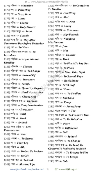 📚  www.facebook.com/tanbir.ebooks
www.facebook.com/tanbir.cox 👆 🎯 www.eB👀k.org.bd
1174) পবত্রকা ➯ Magazine
1175) পথ ➯ Path; Way
1176) পদ ➯ Step; Verse
1177) পদ্ম ➯ Lotus
1178) পবনর ➯ Cheese
1179) পববত্র ➯ Holy; Sacred
1180) পববত্র মানুষ ➯ Saint
1181) পরদা ➯ Curtain
1182) পরশু বদন ➯ Day After
Tomorrow; Day Before Yesterday
1183) পরা ➯ To Wear
1184) পবরিয় কশর রদওয়া ➯ To
Introduce
1185) পবরবিত ➯ Acquaintance;
Familiar
1186) পবরবতেন ➯ Change
1187) পবরবতেন করা ➯ To Change
1188) পবরবশতে ➯ Instead Of
1189) পবরবহন ➯ Transport
1190) পবরবার ➯ Family
1191) পবরমাে ➯ Quantity; Degree
1192) পবরশ্রম ➯ Hard Work; Labor
1193) পবরস্কার ➯ Clean; Neat
1194) পবরস্কার করা ➯ To Clean
1195) পরীক্ষা ➯ Test; Examination
1196) পশর ➯ After; Later
1197) পযেন্ত ➯ Until
1198) পেম ➯ Wool
1199) পশু ➯ Animal
1200) পশুর ডাক্টার ➯ Vet;
Veterinarian
1201) পবিম ➯ West
1202) পস্তাশনা ➯ To Regret
1203) পা ➯ Foot; Leg
1204) পাোঁজর ➯ Rib
1205) পাওয়া ➯ To Get; To Recieve
1206) পাওয়া ➯ To Get
1207) পাক করা ➯ To Cook
1208) পাকা ➯ Mature; Ripe
1209) পাকাপাবক করা ➯ To Complete;
To Finalize
1210) পাখ্া ➯ Fan; Wing
1211) পাবখ্ ➯ Bird
1212) পাবখ্র বাসা ➯ Nest
1213) পােল ➯ Crazy
1214) পােলাবম ➯ Craziness
1215) পাছা ➯ Hip; Buttock
1216) পাবজ ➯ Naughty;
Mischievous
1217) পাট ➯ Jute
1218) পাবট ➯ Mat
1219) পাোশনা ➯ To Send
1220) পাড় ➯ Bank
1221) পাড়া ➯ To Pluck; To Lay Out
1222) পাড়া ➯ To Pluck
1223) পাতলা ➯ Slim; Thin; Light
1224) পাতা ➯ To Spread; Page
1225) পাথর ➯ Rock; Stone
1226) পান ➯ Betel Leaf
1227) পাবন ➯ Water
1228) পাবন কম ➯ To Swallow
1229) পাপ ➯ Sin; Guilt
1230) পাম্প ➯ Pump
1231) পায়খ্ানা ➯ Feces; Poop
1232) পাশয়র আঙুল ➯ Toe
1233) পার হওয়া ➯ To Cross; To Pass
1234) পারা ➯ To Be Able; Can
1235) পাবটে ➯ Party
1236) পাথেকয ➯ Difference
1237) পাল ➯ Sail
1238) পালংোক ➯ Spinach
1239) পালটাশনা ➯ To Change
1240) পালন করা ➯ To Tend; To
Observe; To Maintain; To Raise
1241) পালাশনা ➯ To Escape; To Flee
1242) পালাশনা ➯ To Escape
1243) পাে ➯ Side
 