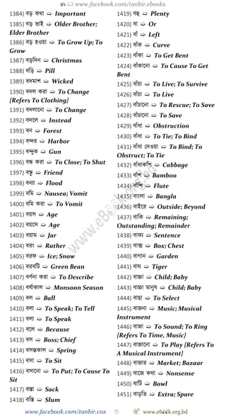 📚  www.facebook.com/tanbir.ebooks
www.facebook.com/tanbir.cox 👆 🎯 www.eB👀k.org.bd
1384) বড় কথা ➯ Important
1385) বড় ভাই ➯ Older Brother;
Elder Brother
1386) বড় হওয়া ➯ To Grow Up; To
Grow
1387) বড়বদন ➯ Christmas
1388) ববড় ➯ Pill
1389) বদমাে ➯ Wicked
1390) বদল করা ➯ To Change
{Refers To Clothing}
1391) বদলাশনা ➯ To Change
1392) বদশল ➯ Instead
1393) বন ➯ Forest
1394) বির ➯ Harbor
1395) বিুক ➯ Gun
1396) বন্ধ করা ➯ To Close; To Shut
1397) বন্ধু ➯ Friend
1398) বনযা ➯ Flood
1399) ববম ➯ Nausea; Vomit
1400) ববম করা ➯ To Vomit
1401) বয়স ➯ Age
1402) বয়শস ➯ Age
1403) বয়াম ➯ Jar
1404) বরং ➯ Rather
1405) বরে ➯ Ice; Snow
1406) বরববট ➯ Green Bean
1407) বেেনা করা ➯ To Describe
1408) বষোকাল ➯ Monsoon Season
1409) বল ➯ Ball
1410) বলা ➯ To Speak; To Tell
1411) বলা ➯ To Speak
1412) বশল ➯ Because
1413) বস ➯ Boss; Chief
1414) বসন্তকাল ➯ Spring
1415) বসা ➯ To Sit
1416) বসাশনা ➯ To Put; To Cause To
Sit
1417) বস্তা ➯ Sack
1418) ববস্ত ➯ Slum
1419) বহু ➯ Plenty
1420) বা ➯ Or
1421) বাোঁ ➯ Left
1422) বাোঁক ➯ Curve
1423) বাোঁকা ➯ To Get Bent
1424) বাোঁকাশনা ➯ To Cause To Get
Bent
1425) বাোঁিা ➯ To Live; To Survive
1426) বাোঁিা ➯ To Live
1427) বাোঁিাশনা ➯ To Rescue; To Save
1428) বাোঁিাশনা ➯ To Save
1429) বাোঁধা ➯ Obstruction
1430) বাোঁধা ➯ To Tie; To Bind
1431) বাোঁধা রদওয়া ➯ To Bind; To
Obstruct; To Tie
1432) বাোঁধাকবপ ➯ Cabbage
1433) বাোঁে ➯ Bamboo
1434) বাোঁবে ➯ Flute
1435) বাংলা ➯ Bangla
1436) বাইশর ➯ Outside; Beyond
1437) বাবক ➯ Remaining;
Outstanding; Remainder
1438) বাকয ➯ Sentence
1439) বাক্স ➯ Box; Chest
1440) বাোন ➯ Garden
1441) বাঘ ➯ Tiger
1442) বাচ্চা ➯ Child; Baby
1443) বাচ্চা মানুষ ➯ Child; Baby
1444) বাছা ➯ To Select
1445) বাজনা ➯ Music; Musical
Instrument
1446) বাজা ➯ To Sound; To Ring
{Refers To Time, Music}
1447) বাজাশনা ➯ To Play {Refers To
A Musical Instrument}
1448) বাজার ➯ Market; Bazaar
1449) বাশজ কথা ➯ Nonsense
1450) বাবট ➯ Bowl
1451) বাড়বত ➯ Extra; Spare
 