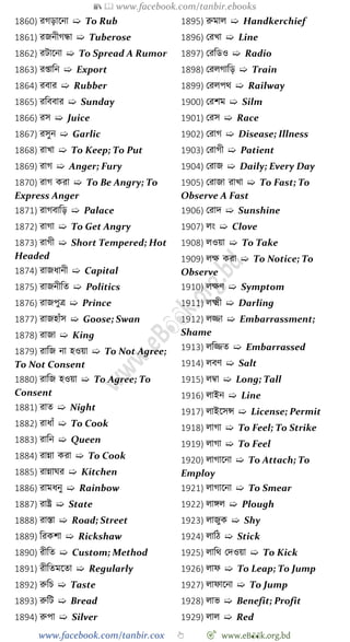 📚  www.facebook.com/tanbir.ebooks
www.facebook.com/tanbir.cox 👆 🎯 www.eB👀k.org.bd
1860) রেড়াশনা ➯ To Rub
1861) রজনীেন্ধা ➯ Tuberose
1862) রটাশনা ➯ To Spread A Rumor
1863) রপ্তাবন ➯ Export
1864) রবার ➯ Rubber
1865) রবববার ➯ Sunday
1866) রস ➯ Juice
1867) রসুন ➯ Garlic
1868) রাখ্া ➯ To Keep; To Put
1869) রাে ➯ Anger; Fury
1870) রাে করা ➯ To Be Angry; To
Express Anger
1871) রােবাবড় ➯ Palace
1872) রাো ➯ To Get Angry
1873) রােী ➯ Short Tempered; Hot
Headed
1874) রাজধানী ➯ Capital
1875) রাজনীবত ➯ Politics
1876) রাজপুত্র ➯ Prince
1877) রাজহাোঁস ➯ Goose; Swan
1878) রাজা ➯ King
1879) রাবজ না হওয়া ➯ To Not Agree;
To Not Consent
1880) রাবজ হওয়া ➯ To Agree; To
Consent
1881) রাত ➯ Night
1882) রাধাোঁ ➯ To Cook
1883) রাবন ➯ Queen
1884) রান্না করা ➯ To Cook
1885) রান্নাঘর ➯ Kitchen
1886) রামধনু ➯ Rainbow
1887) রাষ্ট্র ➯ State
1888) রাস্তা ➯ Road; Street
1889) বরকো ➯ Rickshaw
1890) রীবত ➯ Custom; Method
1891) রীবতমশতা ➯ Regularly
1892) রুবি ➯ Taste
1893) রুবট ➯ Bread
1894) রুপা ➯ Silver
1895) রুমাল ➯ Handkerchief
1896) ররখ্া ➯ Line
1897) ররবডও ➯ Radio
1898) ররলোবড় ➯ Train
1899) ররলপথ ➯ Railway
1900) ররেম ➯ Silm
1901) ররস ➯ Race
1902) ররাে ➯ Disease; Illness
1903) ররােী ➯ Patient
1904) ররাজ ➯ Daily; Every Day
1905) ররাজা রাখ্া ➯ To Fast; To
Observe A Fast
1906) ররাদ ➯ Sunshine
1907) লং ➯ Clove
1908) লওয়া ➯ To Take
1909) লক্ষ করা ➯ To Notice; To
Observe
1910) লক্ষে ➯ Symptom
1911) লক্ষ্মী ➯ Darling
1912) লিা ➯ Embarrassment;
Shame
1913) লবিত ➯ Embarrassed
1914) লবে ➯ Salt
1915) লম্বা ➯ Long; Tall
1916) লাইন ➯ Line
1917) লাইশসন্স ➯ License; Permit
1918) লাো ➯ To Feel; To Strike
1919) লাো ➯ To Feel
1920) লাোশনা ➯ To Attach; To
Employ
1921) লাোশনা ➯ To Smear
1922) লাঙ্গল ➯ Plough
1923) লাজুক ➯ Shy
1924) লাবে ➯ Stick
1925) লাবথ রদওয়া ➯ To Kick
1926) লাে ➯ To Leap; To Jump
1927) লাোশনা ➯ To Jump
1928) লাভ ➯ Benefit; Profit
1929) লাল ➯ Red
 