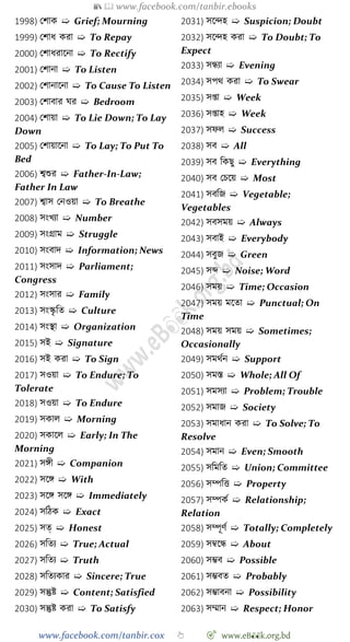 📚  www.facebook.com/tanbir.ebooks
www.facebook.com/tanbir.cox 👆 🎯 www.eB👀k.org.bd
1998) রোক ➯ Grief; Mourning
1999) রোধ করা ➯ To Repay
2000) রোধরাশনা ➯ To Rectify
2001) রোনা ➯ To Listen
2002) রোনাশনা ➯ To Cause To Listen
2003) রোবার ঘর ➯ Bedroom
2004) রোয়া ➯ To Lie Down; To Lay
Down
2005) রোয়াশনা ➯ To Lay; To Put To
Bed
2006) শ্বশুর ➯ Father-In-Law;
Father In Law
2007) শ্বাস রনওয়া ➯ To Breathe
2008) সংখ্যা ➯ Number
2009) সংগ্রাম ➯ Struggle
2010) সংবাদ ➯ Information; News
2011) সংসাদ ➯ Parliament;
Congress
2012) সংসার ➯ Family
2013) সংস্কৃ বত ➯ Culture
2014) সংস্থা ➯ Organization
2015) সই ➯ Signature
2016) সই করা ➯ To Sign
2017) সওয়া ➯ To Endure; To
Tolerate
2018) সওয়া ➯ To Endure
2019) সকাল ➯ Morning
2020) সকাশল ➯ Early; In The
Morning
2021) সঙ্গী ➯ Companion
2022) সশঙ্গ ➯ With
2023) সশঙ্গ সশঙ্গ ➯ Immediately
2024) সবেক ➯ Exact
2025) সত্ ➯ Honest
2026) সবতয ➯ True; Actual
2027) সবতয ➯ Truth
2028) সবতযকার ➯ Sincere; True
2029) সন্তুষ্ট ➯ Content; Satisfied
2030) সন্তুষ্ট করা ➯ To Satisfy
2031) সশিহ ➯ Suspicion; Doubt
2032) সশিহ করা ➯ To Doubt; To
Expect
2033) সন্ধযা ➯ Evening
2034) সপথ করা ➯ To Swear
2035) সপ্তা ➯ Week
2036) সপ্তাহ ➯ Week
2037) সেল ➯ Success
2038) সব ➯ All
2039) সব বকছু ➯ Everything
2040) সব রিশয় ➯ Most
2041) সববজ ➯ Vegetable;
Vegetables
2042) সবসময় ➯ Always
2043) সবাই ➯ Everybody
2044) সবুজ ➯ Green
2045) সব্দ ➯ Noise; Word
2046) সময় ➯ Time; Occasion
2047) সময় মশতা ➯ Punctual; On
Time
2048) সময় সময় ➯ Sometimes;
Occasionally
2049) সমথেন ➯ Support
2050) সমস্ত ➯ Whole; All Of
2051) সমসযা ➯ Problem; Trouble
2052) সমাজ ➯ Society
2053) সমাধান করা ➯ To Solve; To
Resolve
2054) সমান ➯ Even; Smooth
2055) সবমবত ➯ Union; Committee
2056) সম্পবত্ত ➯ Property
2057) সম্পকে ➯ Relationship;
Relation
2058) সম্পূেে ➯ Totally; Completely
2059) সম্বশন্ধ ➯ About
2060) সিব ➯ Possible
2061) সিবত ➯ Probably
2062) সিাবনা ➯ Possibility
2063) সম্মান ➯ Respect; Honor
 
