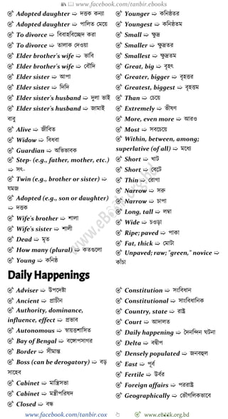 📚  www.facebook.com/tanbir.ebooks
www.facebook.com/tanbir.cox 👆 🎯 www.eB👀k.org.bd
🎯 Adopted daughter ➯ দত্তক কনযা
🎯 Adopted daughter ➯ পাবলত রমশয়
🎯 To divorce ➯ বববাহববশচ্ছদ করা
🎯 To divorce ➯ তালাক রদওয়া
🎯 Elder brother's wife ➯ ভাবব
🎯 Elder brother's wife ➯ রবৌবদ
🎯 Elder sister ➯ আপা
🎯 Elder sister ➯ বদবদ
🎯 Elder sister's husband ➯ দুলা ভাই
🎯 Elder sister's husband ➯ জামাই
বাবু
🎯 Alive ➯ জীববত
🎯 Widow ➯ ববধবা
🎯 Guardian ➯ অবভভাবক
🎯 Step- (e.g., father, mother, etc.)
➯ সৎ-
🎯 Twin (e.g., brother or sister) ➯
যমজ
🎯 Adopted (e.g., son or daughter)
➯ দত্তক
🎯 Wife's brother ➯ োলা
🎯 Wife's sister ➯ োলী
🎯 Dead ➯ মৃত
🎯 How many (plural) ➯ কতগুশলা
🎯 Young ➯ কবনষ্ঠ
🎯 Younger ➯ কবনষ্ঠতর
🎯 Youngest ➯ কবনষ্ঠতম
🎯 Small ➯ ক্ষু দ্র
🎯 Smaller ➯ ক্ষু দ্রতর
🎯 Smallest ➯ ক্ষু দ্রতম
🎯 Great, big ➯ বৃহৎ
🎯 Greater, bigger ➯ বৃহত্তর
🎯 Greatest, biggest ➯ বৃহত্তম
🎯 Than ➯ রিশয়
🎯 Extremely ➯ ভীষে
🎯 More, even more ➯ আরও
🎯 Most ➯ সবশিশয়
🎯 Within, between, among;
superlative (of all) ➯ মশধয
🎯 Short ➯ খ্াট
🎯 Short ➯ রবশট
🎯 Thin ➯ ররাো
🎯 Narrow ➯ সরু
🎯 Narrow ➯ িাপা
🎯 Long, tall ➯ লম্বা
🎯 Wide ➯ িওড়া
🎯 Ripe; paved ➯ পাকা
🎯 Fat, thick ➯ রমাটা
🎯 Unpaved; raw; "green," novice ➯
কাোঁিা
Daily Happenings
🎯 Adviser ➯ উপশদষ্টা
🎯 Ancient ➯ প্রািীন
🎯 Authority, dominance,
influence, effect ➯ প্রভাব
🎯 Autonomous ➯ ৈায়ত্তোবসত
🎯 Bay of Bengal ➯ বশঙ্গাপসাের
🎯 Border ➯ সীমান্ত
🎯 Boss (can be derogatory) ➯ বড়
সাশহব
🎯 Cabinet ➯ মাবন্ত্রসভা
🎯 Cabinet ➯ মন্ত্রীপবরষদ
🎯 Closed ➯ বন্ধ
🎯 Constitution ➯ সংববধান
🎯 Constitutional ➯ সাংববধাবনক
🎯 Country, state ➯ রাষ্ট্র
🎯 Court ➯ আদালত
🎯 Daily happening ➯ স্বদনবিন ঘটনা
🎯 Delta ➯ বদ্বীপ
🎯 Densely populated ➯ জনবহুল
🎯 East ➯ পূবে
🎯 Fertile ➯ উবের
🎯 Foreign affairs ➯ পররাষ্ট্র
🎯 Geographically ➯ রভৌেবলকভাশব
 
