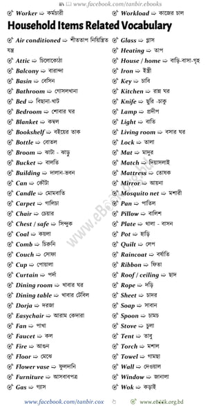 📚  www.facebook.com/tanbir.ebooks
www.facebook.com/tanbir.cox 👆 🎯 www.eB👀k.org.bd
🎯 Worker ➯ কমেিারী 🎯 Workload ➯ কাশজর িাল
Household Items Related Vocabulary
🎯 Air conditioned ➯ েীততাপ বনবয়বন্ত্রত
যন্ত্র
🎯 Attic ➯ বিশলাশকাো
🎯 Balcony ➯ বারািা
🎯 Basin ➯ রববসন
🎯 Bathroom ➯ রোসলখ্ানা
🎯 Bed ➯ ববছানা-খ্াট
🎯 Bedroom ➯ রোবার ঘর
🎯 Blanket ➯ কম্বল
🎯 Bookshelf ➯ বইশয়র তাক
🎯 Bottle ➯ রবাতল
🎯 Broom ➯ ঝাটা - ঝাড়ু
🎯 Bucket ➯ বালবত
🎯 Building ➯ দালান-ভবন
🎯 Can ➯ রকৌটা
🎯 Candle ➯ রমামবাবত
🎯 Carpet ➯ োবলিা
🎯 Chair ➯ রিয়ার
🎯 Chest / safe ➯ বসিুক
🎯 Coal ➯ কয়লা
🎯 Comb ➯ বিরুবন
🎯 Couch ➯ রসাো
🎯 Cup ➯ রপায়ালা
🎯 Curtain ➯ পদো
🎯 Dining room ➯ খ্াবার ঘর
🎯 Dining table ➯ খ্াবার রটববল
🎯 Dorja ➯ দরজা
🎯 Easychair ➯ আরাম রকদারা
🎯 Fan ➯ পাখ্া
🎯 Faucet ➯ কল
🎯 Fire ➯ আগুন
🎯 Floor ➯ রমশঝ
🎯 Flower vase ➯ েু লদাবন
🎯 Furniture ➯ আসবাবপত্র
🎯 Gas ➯ েযাস
🎯 Glass ➯ গ্লাস
🎯 Heating ➯ তাপ
🎯 House / home ➯ বাবড়-বাসা-েৃহ
🎯 Iron ➯ ইস্ত্রী
🎯 Key ➯ িাবব
🎯 Kitchen ➯ রান্ন ঘর
🎯 Knife ➯ ছুবর -িাকু
🎯 Lamp ➯ প্রদীপ
🎯 Light ➯ বাবত
🎯 Living room ➯ বসার ঘর
🎯 Lock ➯ তালা
🎯 Mat ➯ মাদুর
🎯 Match ➯ বদয়াসলাই
🎯 Mattress ➯ রতাষক
🎯 Mirror ➯ আয়না
🎯 Mosquito net ➯ মোরী
🎯 Pan ➯ পাবতল
🎯 Pillow ➯ বাবলে
🎯 Plate ➯ থালা - বাসন
🎯 Pot ➯ হাবড়
🎯 Quilt ➯ রলপ
🎯 Raincoat ➯ বষোবত
🎯 Ribbon ➯ বেতা
🎯 Roof / ceiling ➯ ছাদ
🎯 Rope ➯ দবড়
🎯 Sheet ➯ িাদর
🎯 Soap ➯ সাবান
🎯 Spoon ➯ িামি
🎯 Stove ➯ িুলা
🎯 Tent ➯ তাবু
🎯 Torch ➯ মোল
🎯 Towel ➯ োমছা
🎯 Wall ➯ রদওয়াল
🎯 Window ➯ জানালা
🎯 Wok ➯ কড়াই
 