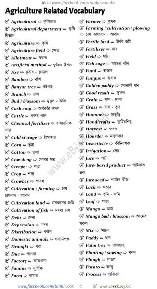 📚  www.facebook.com/tanbir.ebooks
www.facebook.com/tanbir.cox 👆 🎯 www.eB👀k.org.bd
Agriculture Related Vocabulary
🎯 Agricultural ➯ কৃ বষজাত
🎯 Agricultural department ➯ কৃ বষ
ববভাে
🎯 Agriculture ➯ কৃ বষ
🎯 Agriculture field ➯ রক্ষত
🎯 Allotment ➯ বরাে
🎯 Artificial method ➯ কৃ বত্রম উপায়
🎯 Axe ➯ কু োর - কু ড়াল
🎯 Bamboo ➯ বাোঁে
🎯 Banyan tree ➯ বটোছ
🎯 Branch ➯ ডাল
🎯 Bud / blossom ➯ মুকু ল - কবল
🎯 Cash crop ➯ অথেকবর েসল
🎯 Cattle ➯ েরুর পাল
🎯 Chemical fertilizer ➯ রাসায়বনক
সার
🎯 Cold storage ➯ বহমাোর
🎯 Corn ➯ ভূ ট্টা
🎯 Cotton ➯ তুলা
🎯 Cow-dung ➯ রোবর সার
🎯 Creeper ➯ লতা
🎯 Crop ➯ েসয
🎯 Crowbar ➯ োবল
🎯 Cultivation / farming ➯ িাষ -
িাষবাদ - আবাদ
🎯 Cultivation land ➯ িাষবাশদর জবম
🎯 Cultivation of fish ➯ মৎসয িাষ
🎯 Debt ➯ রদনা
🎯 Depression ➯ মিা
🎯 Distribution ➯ বন্টন
🎯 Domestic animals ➯ েবাবদপশু
🎯 Drought ➯ খ্রা
🎯 Due ➯ পাওনা
🎯 Factory ➯ কারখ্ানা
🎯 Famine ➯ দূু্বভেক্ষ
🎯 Farm ➯ খ্ামার
🎯 Farmer ➯ কৃ ষক
🎯 Farming / cultivation / plowing
➯ িাষ -িাষাবাদ - আবাদ
🎯 Fertile land ➯ উবের জবম
🎯 Fertilizer ➯ সার
🎯 Field ➯ মাে
🎯 Fish cage ➯ মাশছর খ্াোঁিা
🎯 Fund ➯ ভান্ডার
🎯 Fungus ➯ ছত্রাক
🎯 Golden paddy ➯ রসানালী ধান
🎯 Good result ➯ সুেল
🎯 Grain ➯ েসয - দানা
🎯 Grass ➯ ঘাস - তৃে
🎯 Hammer ➯ হাতুবড়
🎯 Handicrafts ➯ কু বটরবেল্প
🎯 Harvest ➯ েসল
🎯 Hoarder ➯ মজুদদার
🎯 Insecticide ➯ কীটনােক
🎯 Irrigation ➯ রসি
🎯 Jute ➯ পাট
🎯 Jute- based product ➯ পাটজাত
দ্রবয
🎯 Jute seed ➯ পাশটর বীজ
🎯 Lack ➯ অভাব
🎯 Land ➯ ভূ বম - জবম
🎯 Leaf ➯ পাতা
🎯 Mango ➯ আম
🎯 Mango bud / blossom ➯ আশমর
মুকু ল
🎯 Mix ➯ বমশ্রন
🎯 Paddy ➯ ধান
🎯 Palm tree ➯ তালোছ
🎯 Planting / sowing ➯ বপন
🎯 Plough ➯ লাঙল
🎯 Potato ➯ আলু
🎯 Process ➯ প্রবিয়া
 