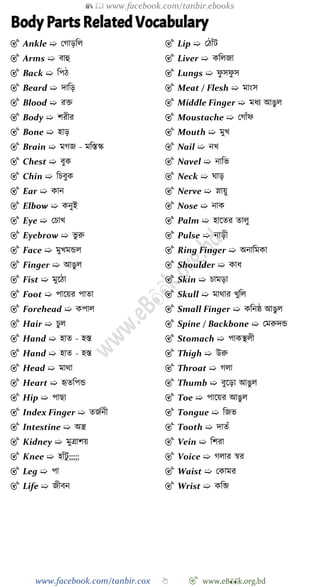 📚  www.facebook.com/tanbir.ebooks
www.facebook.com/tanbir.cox 👆 🎯 www.eB👀k.org.bd
Body Parts Related Vocabulary
🎯 Ankle ➯ রোড়বল
🎯 Arms ➯ বাহু
🎯 Back ➯ বপে
🎯 Beard ➯ দাবড়
🎯 Blood ➯ রি
🎯 Body ➯ েরীর
🎯 Bone ➯ হাড়
🎯 Brain ➯ মেজ - মবস্তস্ক
🎯 Chest ➯ বুক
🎯 Chin ➯ বিবুক
🎯 Ear ➯ কান
🎯 Elbow ➯ কনুই
🎯 Eye ➯ রিাখ্
🎯 Eyebrow ➯ ভু রু
🎯 Face ➯ মুখ্মন্ডল
🎯 Finger ➯ আঙুল
🎯 Fist ➯ মুশো
🎯 Foot ➯ পাশয়র পাতা
🎯 Forehead ➯ কপাল
🎯 Hair ➯ িুল
🎯 Hand ➯ হাত - হস্ত
🎯 Hand ➯ হাত - হস্ত
🎯 Head ➯ মাথা
🎯 Heart ➯ হৃতবপন্ড
🎯 Hip ➯ পাছা
🎯 Index Finger ➯ তজেনী
🎯 Intestine ➯ অন্ত্র
🎯 Kidney ➯ মুত্রােয়
🎯 Knee ➯ হাোঁটু ;;;;;
🎯 Leg ➯ পা
🎯 Life ➯ জীবন
🎯 Lip ➯ রোোঁট
🎯 Liver ➯ কবলজা
🎯 Lungs ➯ েু সেু স
🎯 Meat / Flesh ➯ মাংস
🎯 Middle Finger ➯ মধয আঙুল
🎯 Moustache ➯ রোোঁে
🎯 Mouth ➯ মুখ্
🎯 Nail ➯ নখ্
🎯 Navel ➯ নাবভ
🎯 Neck ➯ ঘাড়
🎯 Nerve ➯ স্নায়ু
🎯 Nose ➯ নাক
🎯 Palm ➯ হাশতর তালু
🎯 Pulse ➯ নাড়ী
🎯 Ring Finger ➯ অনাবমকা
🎯 Shoulder ➯ কাধ
🎯 Skin ➯ িামড়া
🎯 Skull ➯ মাথার খ্ুবল
🎯 Small Finger ➯ কবনষ্ঠ আঙুল
🎯 Spine / Backbone ➯ রমরুদন্ড
🎯 Stomach ➯ পাকস্থলী
🎯 Thigh ➯ উরু
🎯 Throat ➯ েলা
🎯 Thumb ➯ বুশড়া আঙুল
🎯 Toe ➯ পাশয়র আঙুল
🎯 Tongue ➯ বজভ
🎯 Tooth ➯ দাতোঁ
🎯 Vein ➯ বেরা
🎯 Voice ➯ েলার ৈর
🎯 Waist ➯ রকামর
🎯 Wrist ➯ কবি
 