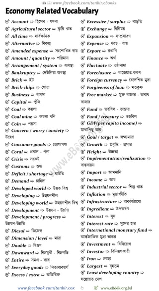 📚  www.facebook.com/tanbir.ebooks
www.facebook.com/tanbir.cox 👆 🎯 www.eB👀k.org.bd
Economy Related Vocabulary
🎯 Account ➯ বহশসব - েেনা
🎯 Agricultural sector ➯ কৃ বষ খ্াত
🎯 All time ➯ সাবেক্ষবনক
🎯 Alternative ➯ ববকল্প
🎯 Amended expense ➯ সংশোবধত বযয়
🎯 Amount / quantity ➯ পবরমান
🎯 Arrangement / system ➯ বযবস্থা
🎯 Bankruptcy ➯ রদউবলয়া অবস্থা
🎯 Brick ➯ ইট
🎯 Brick-chips ➯ রখ্ায়া
🎯 Business ➯ বযবসা
🎯 Capital ➯ পুোঁবজ
🎯 Coal ➯ কয়লা
🎯 Coal mine ➯ কয়লা খ্বন
🎯 Coin ➯ পয়সা
🎯 Concern / worry / anxiety ➯
উশদ্বে
🎯 Consumer goods ➯ রভােযপেয
🎯 Coral ➯ প্রবাল - পলা
🎯 Crisis ➯ সংকট
🎯 Customs ➯ শুল্ক
🎯 Deficit / shortage ➯ ঘাটবত
🎯 Demand ➯ িাবহদা
🎯 Developed world ➯ উন্নত ববশ্ব
🎯 Developing ➯ উন্নয়নেীল
🎯 Developing world ➯ উন্নয়নেীল ববশ্ব
🎯 Development ➯ উন্নয়ন - উন্নবত
🎯 Development / progress ➯
উন্নয়ন-উন্নবত
🎯 Diesal ➯ বডশজল
🎯 Dimension / level ➯ মাত্রা
🎯 Double ➯ বদ্বগুে
🎯 Downward ➯ বনম্নমূখ্ী - বনম্নেবত
🎯 Entire ➯ সমগ্র - সারা
🎯 Everyday goods ➯ বনতযবযবহাযে
🎯 Excess / extra ➯ অবতবরি
🎯 Excessive / surplus ➯ বাড়বত
🎯 Exchange ➯ বববনময়
🎯 Expansion ➯ সম্প্রসারে
🎯 Expense ➯ খ্রি - বযয়
🎯 Export ➯ রপ্তাবন
🎯 Finance ➯ অথে
🎯 Fluctuate ➯ ওোনামা
🎯 Foreclosure ➯ বাশজয়াপ্ত-করে
🎯 Foreign currency ➯ স্ববশদবেক মুদ্রা
🎯 Forgivenss of loan ➯ মওকু ে
🎯 Free market ➯ মুি বাজার - অবাধ
বাজার
🎯 Fund ➯ তহববল - ভান্ডার
🎯 Fund / treasury ➯ তহববল
🎯 GDP(per capita income) ➯
মাথাবপছু আয়
🎯 Goal / target ➯ লক্ষযমাত্রা
🎯 Growth ➯ প্রবৃবি - প্রসার
🎯 Height ➯ উচ্চতা
🎯 Implementation/realization ➯
বাস্তবায়ন
🎯 Import ➯ আমদাবন
🎯 Income ➯ আয়
🎯 Industrial sector ➯ বেল্প খ্াত
🎯 Inflation ➯ মুদ্রাস্ফীবত
🎯 Infrastructure ➯ অবকাোশমা
🎯 Ingredient ➯ উপকরে
🎯 Interest ➯ সুদ
🎯 Interest rate ➯ সুশদর হার
🎯 International monetary fund ➯
আন্তেজাবতক মুদ্রা ভান্ডর
🎯 Investment ➯ বববনশয়াে
🎯 Investor ➯ বববনয়েকারী
🎯 Iron ➯ রলাহা
🎯 Largest ➯ বৃহত্তম
🎯 Least developing country ➯
সশল্পান্নত রদে
 