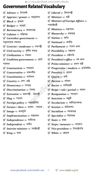 📚  www.facebook.com/tanbir.ebooks
www.facebook.com/tanbir.cox 👆 🎯 www.eB👀k.org.bd
Government Related Vocabulary
🎯 Advisor ➯ উপশদষ্টা
🎯 Approve / grants ➯ অনুশমাদন
🎯 Black ➯ কৃ ষ্ণাঙ্গ
🎯 Budget ➯ বাশজট
🎯 Bureaucracy ➯ আমলাতন্ত্র
🎯 Cabinet ➯ মবন্ত্রসভা
🎯 Caretaker government ➯
তত্ত্বাবধায়ক সরকার
🎯 Centrist / moderate ➯ মধযপন্থী
🎯 Civil society ➯ সুেীল সমাজ
🎯 Civilization ➯ সভযতা
🎯 Coalition government ➯ রজাট
সরকার
🎯 Communism ➯ সামযবাদ
🎯 Conservative ➯ রক্ষনেীল
🎯 Constitution ➯ সংববধান
🎯 Country ➯ রদে -রাষ্ট্র
🎯 Democracy ➯ েনতন্ত্র
🎯 Discrimination ➯ স্ববষময
🎯 Extremist ➯ িরমপন্থী - উগ্রপন্থী
🎯 Flag ➯ পতাকা
🎯 Foreign policy ➯ পররাষ্ট্রনীবত
🎯 Former / then ➯ প্রািন - সাশবক -
🎯 Image ➯ ভাবমূবতে
🎯 Implementation ➯ বাস্তবায়ন
🎯 Independence ➯ ৈাধীনতা
🎯 Independent ➯ ৈাধীন
🎯 Interior minister ➯ সরাষ্ট্রমন্ত্রী
🎯 King ➯ রাজা
🎯 Liberal ➯ উদারপন্থী
🎯 Minister ➯ মন্ত্রী
🎯 Minister of Foreign Affairs ➯
পররাষ্ট্রমন্ত্রী
🎯 Ministry ➯ মন্ত্রোলয়
🎯 Monarchy ➯ রাজতন্ত্র
🎯 Nation ➯ জাবত
🎯 National ➯ জাতীয়
🎯 Parliament ➯ সংসদ ভবন
🎯 Possibility ➯ সিাবনা
🎯 President ➯ রাষ্ট্রপবত
🎯 President's office ➯ বঙ্গ ভবন
🎯 Prime minister ➯ প্রধান মন্ত্রী
🎯 Progressive / modern ➯ প্রেবতেীল
🎯 Province ➯ প্রশদে
🎯 Queen ➯ রানী
🎯 Racism ➯ বেেবাদ
🎯 Racist ➯ বনেববশদ্বষী
🎯 Reign / rule / period ➯ আমল
🎯 Resignation ➯ পদতযাে
🎯 Sanction ➯ মঞ্জুরী
🎯 Secularism ➯ ধমেবনরশপক্ষতা
🎯 Session ➯ অবধশবেন
🎯 Socialism ➯ সমাজতন্ত্র
🎯 Specialist ➯ ববশেষজ্ঞ
🎯 State ➯ রাজয
🎯 Steps / measure ➯ পদশক্ষপ
🎯 Vice president ➯ উপরাষ্ট্রপবত
🎯 White ➯ রশ্বতাঙ্গ
 