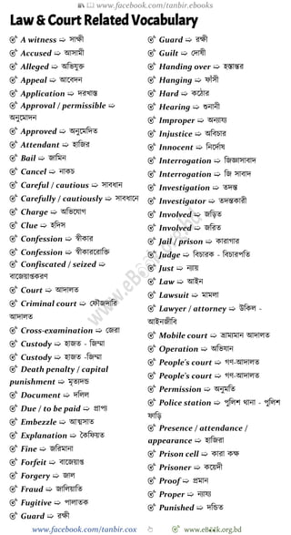 📚  www.facebook.com/tanbir.ebooks
www.facebook.com/tanbir.cox 👆 🎯 www.eB👀k.org.bd
Law & Court Related Vocabulary
🎯 A witness ➯ সাক্ষী
🎯 Accused ➯ আসামী
🎯 Alleged ➯ অবভযুি
🎯 Appeal ➯ আশবদন
🎯 Application ➯ দরখ্াস্ত
🎯 Approval / permissible ➯
অনুশমাদন
🎯 Approved ➯ অনুশমবদত
🎯 Attendant ➯ হাবজর
🎯 Bail ➯ জাবমন
🎯 Cancel ➯ নাকি
🎯 Careful / cautious ➯ সাবধান
🎯 Carefully / cautiously ➯ সাবধাশন
🎯 Charge ➯ অবভশযাে
🎯 Clue ➯ হবদস
🎯 Confession ➯ ৈীকার
🎯 Confession ➯ ৈীকারশরাবি
🎯 Confiscated / seized ➯
বাশজয়াপ্তকরে
🎯 Court ➯ আদালত
🎯 Criminal court ➯ রেৌজদাবর
আদালত
🎯 Cross-examination ➯ রজরা
🎯 Custody ➯ হাজত - বজম্মা
🎯 Custody ➯ হাজত -বজম্মা
🎯 Death penalty / capital
punishment ➯ মৃতযদন্ড
🎯 Document ➯ দবলল
🎯 Due / to be paid ➯ প্রাপয
🎯 Embezzle ➯ আত্মসাত
🎯 Explanation ➯ স্বকবেয়ত
🎯 Fine ➯ জবরমানা
🎯 Forfeit ➯ বাশজয়াপ্ত
🎯 Forgery ➯ জাল
🎯 Fraud ➯ জাবলয়াবত
🎯 Fugitive ➯ পালাতক
🎯 Guard ➯ রক্ষী
🎯 Guard ➯ রক্ষী
🎯 Guilt ➯ রদাষী
🎯 Handing over ➯ হস্তান্তর
🎯 Hanging ➯ োোঁসী
🎯 Hard ➯ কশোর
🎯 Hearing ➯ শুনানী
🎯 Improper ➯ অনযাযয
🎯 Injustice ➯ অববিার
🎯 Innocent ➯ বনশদোষ
🎯 Interrogation ➯ বজজ্ঞাসাবাদ
🎯 Interrogation ➯ বজ সাবাদ
🎯 Investigation ➯ তদন্ত
🎯 Investigator ➯ তদন্তকারী
🎯 Involved ➯ জবড়ত
🎯 Involved ➯ জবরত
🎯 Jail / prison ➯ কারাোর
🎯 Judge ➯ ববিারক - ববিারপবত
🎯 Just ➯ নযায়
🎯 Law ➯ আইন
🎯 Lawsuit ➯ মামলা
🎯 Lawyer / attorney ➯ উবকল -
আইনজীবব
🎯 Mobile court ➯ ভ্রামযমান আদালত
🎯 Operation ➯ অবভযান
🎯 People's court ➯ েে-আদালত
🎯 People's court ➯ েে-আদালত
🎯 Permission ➯ অনুমবত
🎯 Police station ➯ পুবলে থানা - পুবলে
োবড়
🎯 Presence / attendance /
appearance ➯ হাবজরা
🎯 Prison cell ➯ কারা কক্ষ
🎯 Prisoner ➯ কশয়দী
🎯 Proof ➯ প্রমান
🎯 Proper ➯ নযাযয
🎯 Punished ➯ দবন্ডত
 
