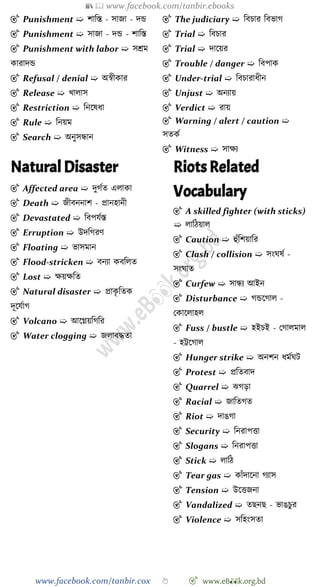 📚  www.facebook.com/tanbir.ebooks
www.facebook.com/tanbir.cox 👆 🎯 www.eB👀k.org.bd
🎯 Punishment ➯ োবস্ত - সাজা - দন্ড
🎯 Punishment ➯ সাজা - দন্ড - োবস্ত
🎯 Punishment with labor ➯ সশ্রম
কারাদন্ড
🎯 Refusal / denial ➯ অৈীকার
🎯 Release ➯ খ্ালাস
🎯 Restriction ➯ বনশষধা
🎯 Rule ➯ বনয়ম
🎯 Search ➯ অনুসন্ধান
🎯 The judiciary ➯ ববিার ববভাে
🎯 Trial ➯ ববিার
🎯 Trial ➯ দাশয়র
🎯 Trouble / danger ➯ ববপাক
🎯 Under-trial ➯ ববিারাধীন
🎯 Unjust ➯ অনযায়
🎯 Verdict ➯ রায়
🎯 Warning / alert / caution ➯
সতকে
🎯 Witness ➯ সাক্ষয
Natural Disaster
🎯 Affected area ➯ দুেেত এলাকা
🎯 Death ➯ জীবননাে - প্রানহানী
🎯 Devastated ➯ ববপযেস্ত
🎯 Erruption ➯ উদবেরে
🎯 Floating ➯ ভাসমান
🎯 Flood-stricken ➯ বনযা কববলত
🎯 Lost ➯ ক্ষয়ক্ষবত
🎯 Natural disaster ➯ প্রাকৃ বতক
দূশযোে
🎯 Volcano ➯ আশগ্নয়বেবর
🎯 Water clogging ➯ জলাবিতা
Riots Related
Vocabulary
🎯 A skilled fighter (with sticks)
➯ লাবেয়াল
🎯 Caution ➯ হুোঁবেয়াবর
🎯 Clash / collision ➯ সংঘষে -
সংঘাত
🎯 Curfew ➯ সান্ধয আইন
🎯 Disturbance ➯ েন্ডশোল -
রকাশলাহল
🎯 Fuss / bustle ➯ হইিই - রোলমাল
- হট্টশোল
🎯 Hunger strike ➯ অনেন ধমেঘট
🎯 Protest ➯ প্রবতবাদ
🎯 Quarrel ➯ ঝেড়া
🎯 Racial ➯ জাবতেত
🎯 Riot ➯ দাঙো
🎯 Security ➯ বনরাপত্তা
🎯 Slogans ➯ বনরাপত্তা
🎯 Stick ➯ লাবে
🎯 Tear gas ➯ কাোঁদাশনা েযাস
🎯 Tension ➯ উশত্তজনা
🎯 Vandalized ➯ তছনছ - ভাঙিুর
🎯 Violence ➯ সবহংসতা
 