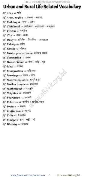 📚  www.facebook.com/tanbir.ebooks
www.facebook.com/tanbir.cox 👆 🎯 www.eB👀k.org.bd
Urban and Rural Life Related Vocabulary
🎯 Alley ➯ েবল
🎯 Area / region ➯ অিল - এলাকা
🎯 Building ➯ দালান - ভবন
🎯 Childhood ➯ রছাটশবলা - রছশলশবলা - বালযকাল
🎯 Citizen ➯ নােবরক
🎯 City ➯ েহর - নের
🎯 Daily ➯ প্রবতবদন - বনতযবদন - ররাজশরাজ
🎯 Elderly ➯ প্রবীন
🎯 Family ➯ পবরবার
🎯 Future generation ➯ ভববষযত প্রজন্ম
🎯 Generation ➯ প্রজন্ম
🎯 House / home ➯ বাসা - বাবড় - েৃহ
🎯 Ideal ➯ আদেে
🎯 Immigration ➯ অবভবাসন
🎯 Marriage ➯ বববাহ - ববশয়
🎯 Modernization ➯ আধুবনকরে
🎯 Mother tongue ➯ মাতৃভাষা
🎯 Motherland ➯ মাতৃভূ বম
🎯 Neighbor ➯ প্রবতশবেী
🎯 Pedestrian ➯ পথিারী
🎯 Relatives ➯ আত্মীয় / আত্মীয়-ৈজন
🎯 Society ➯ সমাজ
🎯 Traffic jam ➯ যানযট
🎯 Tribe ➯ উপজাবত
🎯 Village ➯ গ্রাম - পল্লী - োোঁ
🎯 Wealthy ➯ ববত্তবান
 