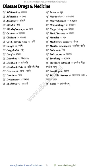 📚  www.facebook.com/tanbir.ebooks
www.facebook.com/tanbir.cox 👆 🎯 www.eB👀k.org.bd
Disease Drugs & Medicine
🎯 Addicted ➯ আসি
🎯 Addiction ➯ রনো
🎯 Asthma ➯ হাোঁপাবন
🎯 Blind ➯ অন্ধ
🎯 Blind of one eye ➯ কানা
🎯 Cancer ➯ কযান্সার
🎯 Cholera ➯ কশলরা
🎯 Cold / runny nose ➯ সবদে
🎯 Cough ➯ কাবে
🎯 Crippled ➯ পঙ্গু
🎯 Deaf ➯ ববধর
🎯 Diarrhea ➯ উদারাময়
🎯 Disabled ➯ প্রবতববন্ধ
🎯 Disabled child ➯ প্রবতববন্ধ বেশু
🎯 Disease ➯ ররাে - বযাবধ
🎯 Dumb ➯ রবাবা
🎯 Dysentery ➯ আমাো
🎯 Epidemic ➯ মহামারী
🎯 Fever ➯ জ্বর
🎯 Headache ➯ মাথাবযাথা
🎯 Heart disease ➯ হৃদশরাে
🎯 Hemorrhage ➯ রিস্রাব
🎯 Illegal drugs ➯ মাদক
🎯 Mad / insane ➯ পােল
🎯 Measles ➯ হাম
🎯 Medicine / drugs ➯ ঔষধ
🎯 Mental diseases ➯ মানবসক বযাবধ
🎯 Poison ➯ ববষ
🎯 Poisonous ➯ ববষাি
🎯 Smoking ➯ ধূমপান
🎯 Stomach ailment ➯ রপশটর পীড়া -
রপশটর বযাথা
🎯 Swelling ➯ রোলা
🎯 Terrible disease ➯ মারাত্মাক ররাে -
ভয়াবহ ররাে
🎯 Virus ➯ ররােজীবানু
 