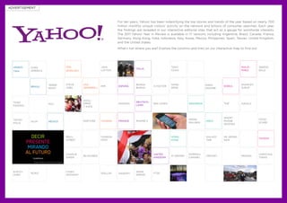 AdvERTISEMEnT



                                                                                              For ten years, Yahoo! has been indentifying the top stories and trends of the year based on nearly 700
                                                                                              million monthly unique visitors’ activity on the network and billions of consumer searches. Each year,
                                                                                              the findings are revealed in our interactive editorial sites that act as a gauge for worldwide interests.
                                                                                              The 2011 Yahoo! Year in Review is available in 17 versions including Argentina, Brazil, Canada, France,
                                                                                              Germany, Hong Kong, India, Indonesia, Italy, Korea, Mexico, Philippines, Spain, Taiwan, United Kingdom,
                                                                                              and the United States.
                                                                                              What’s hot where you are? Explore the columns and links on our interactive map to find out.




  ARGEn-    CoPA                                             USA                     jACK                                         TonY                                           PHIlIP-    SEEdIq
                                                                                                          ITAlIA
  TInA      AMERICA                                          (EnGlISH)               lAYTon                                       CHAn                                           PInES      BAlE




                                   TERRE-                    STEvE       USA                              BUnGA                   HAnG                    AnnA                   SHAMCEY
            BRASIl                                                                   RIM      ESPAñA                  x-FACToR                                       KoREA
                                   MoTo                      joBS        (ESPAñol)                        BUnGA                   SEnG                    HAzARÉ                 SUPUP




                                                                         GUIll-
  TAno                                                                                                    dEUTSCH-
                                   FCH                                   ERMo                 SHAKIRA                 BIn lAdEn               IndonESIA              TGIF        A2KAlS
  PASMAn                                                                                                  lAnd
                                                                         Y KATE



                                                                                                                                                                     SMART-
  TECno                                                                                                                                       InonG                                         Food
            SIlvA                  MÉxICo                                RAPTURE     CAnAdA   FRAnCE      IPHonE 5                                        IndIA      PHonE
  PolIS                                                                                                                                       MAlIndA                                       SCARE
                                                                                                                                                                     WIdoWS




                                                             WAll                    CAnAdA                                       HonG                    GAlAxY     AE jEonG-
                                                                                                                                                                                            TAIWAn
                                                             STREET                  PoST                                         KonG                    TAB        nAM




                                                             CHARlIE                                                  UnITEd                  noRMAn                                        CHRISTInA
                                                                         BlIzzARdS                                                AI WEIWEI               CRICKET                PAGASA
                                                             SHEEn                                                    KInGdoM                 CAMARU                                        TSEnG
              Image: Presidency of the Nation of Argentina




  ElECCI-                                                    CASEY                                        ARAB
            RoRIz                                                                    dollAR   GAddAFI                 FTSE
  onES                                                       AnTHonY                                      SPRInG
 