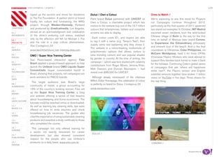 most contagious / projects /                                                                                                                                        p.08

               	         	        	
                   hyped up the auction and drove fan donations          Dulux / Own a Colour                                  Ones to Watch /
                   to The Fox Foundation. A perfect storm of brand       Paint brand Dulux partnered with UNICEF on            We’re expecting to see this trend for Projects
                   loyalty, fan culture and fundraising, the MAG         Own a Colour, a charitable project which lets         not Campaigns continue throughout 2012,
                   project, through Wieden+Kennedy, Portland             visitors to the website buy one of the 16.7 million   particularly as the final quarter of 2011 spawned
chapters	/         and produced by @radicalmedia, Los Angeles,           colours that smartphones, tablets and computer        two stand-out examples. In October, JWT Madrid
01 /               served as an acknowledgment and celebration           screens are able to display.                          escorted seven residents from the land-locked
movemenTs          of the shoe’s enduring cult status, matched                                                                 Chinese village of Bulin to the sea for the first
                   only by the affection still felt for Michael J. Fox     Each colour costs £1, and buyers are able
02 /                                                                                                                           time on behalf of Mexican beer brand Corona,
                   and his role in a pop culture phenomenon.             to tag it with a name (e.g. ‘Tanya’s Teal’), then
proJeCTs                                                                                                                       its Experience the Extraordinary philosophy
                   See Contagious 29                                     supply some text explaining why they chose it.
                                                                                                                               and inherent love of the beach. And in the final
03 /                                                                     The website is a retina-blasting motherlode of
serviCe            www.back4thefuture.com nikemag.ebay.com                                                                     countdown to Christmas, Coke Philippines, via
                                                                         polychromatic options that allows visitors to
                                                                                                                               McCann Worldgroup, fixed it for three OFWs
04 /
                   OMO / Super Nice Training Center                      view trending colours and see popular shades
soCiaL                                                                                                                         (Overseas Filipino Workers who work abroad to
                                                                         by gender or country. At the time of writing, the
                   Sao Paulo-based interactive agency F.biz                                                                    support their families back home) to make it back
05 /                                                                     campaign – which was kick-started with celebrity
idenTiTy
                   Brazil applied a project-based approach to help                                                             for the holidays. Continuing Coke’s global series
                                                                         contributions from Roger Moore, Jemima Khan,
                   launch the Unilever brand OMO Líquido Super                                                                 of campaigns that ask ‘where will happiness
06 /                                                                     Matt Dawson and Duncan Bannatyne – had
                   Concentrado (super concentrated liquid) in                                                                  strike next?’, the Filipino version and English
TeChnoLogy                                                               raised over £88,000 for UNICEF.
                   Brazil, showing that projects, not campaigns can                                                            subtitled versions together have broken 1 million
07 /               work wonders for FMCG brands.                           Although deeply reminiscent of the infamous         views on YouTube in five days. Three cheers for
daTa
                                                                         Million Dollar Homepage, this celebration of colour   the real thing.
                     The target audience was Brazil’s large
08 /                                                                     is perfectly on brand for Dulux. Contagious 29
augmenTed          community of maids, a group accounting for
                   19% of the country’s working women. F.biz set         www.ownacolour.com
09 /
money
                   up the Super Nice Training Center, a blog
                   and website offering a series of free lessons
10 /               about housekeeping and home economics. The
haCk CuLTure
                   tutorials could be watched online or downloaded.
11 /               As well as learning key cleaning skills, tips were
musiC 2.0
                   offered on how to write résumés and check
12 /               housekeeping job vacancies. The guides also
video
                   cited the importance of using sustainable cleaning
13 /               products and awarded a study certificate to those
reTaiL             who completed the course.
14 /                This campaign not only offered training for
gaming
                   a sector not exactly renowned for career
                                                                          duLux /
15 /               development, but also showed consistent
pubLishing
                   respect for the people who use Unilever’s
16 /               products on a daily basis. www.omo.com.br                                                                   Corona /
design


                                                                                                                                                                Supported by
 