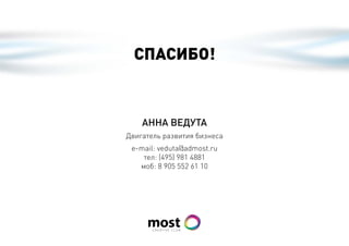 СпаСибо!



    анна Ведута
Двигатель развития бизнеса
 e-mail: veduta@admost.ru
    тел: (495) 981 4881
   моб: 8 905 552 61 10
 