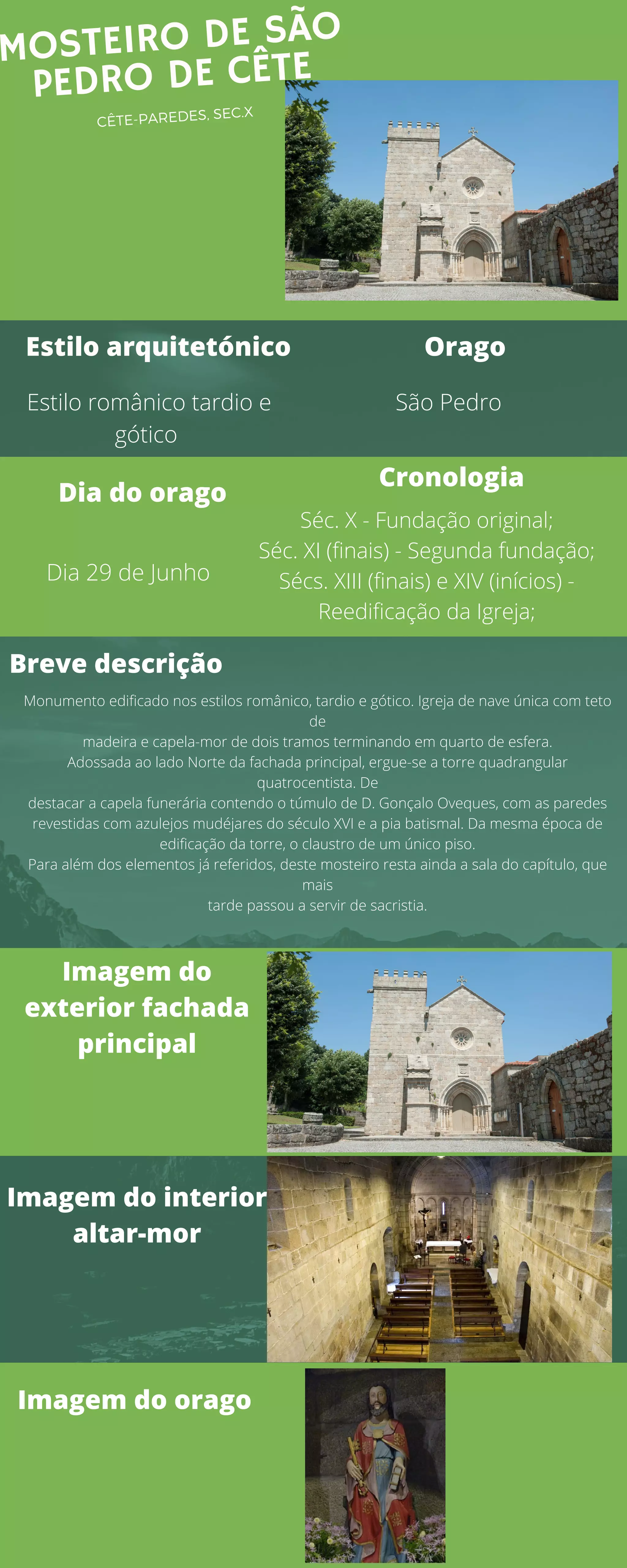 Monumento edificado nos estilos românico, tardio e gótico. Igreja de nave única com teto
de
madeira e capela-mor de dois tramos terminando em quarto de esfera.
Adossada ao lado Norte da fachada principal, ergue-se a torre quadrangular
quatrocentista. De
destacar a capela funerária contendo o túmulo de D. Gonçalo Oveques, com as paredes
revestidas com azulejos mudéjares do século XVI e a pia batismal. Da mesma época de
edificação da torre, o claustro de um único piso.
Para além dos elementos já referidos, deste mosteiro resta ainda a sala do capítulo, que
mais
tarde passou a servir de sacristia.
MOSTEIRO DE SÃO
PEDRO DE CÊTE
CÊTE-PAREDES, SEC.X
Estilo arquitetónico
Estilo românico tardio e
gótico
Orago
São Pedro
Dia do orago
Dia 29 de Junho
Cronologia
Séc. X - Fundação original;
Séc. XI (finais) - Segunda fundação;
Sécs. XIII (finais) e XIV (inícios) -
Reedificação da Igreja;
Breve descrição
Imagem do interior
altar-mor
Imagem do orago
Imagem do
exterior fachada
principal