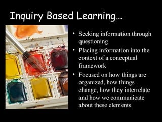Inquiry Based Learning…
            • Seeking through questioning
            • Placing information into the
              context of a conceptual
              framework
            • Focused on how things are
              organized, how things
              change, how they interrelate
              and how we communicate
              about these elements
 