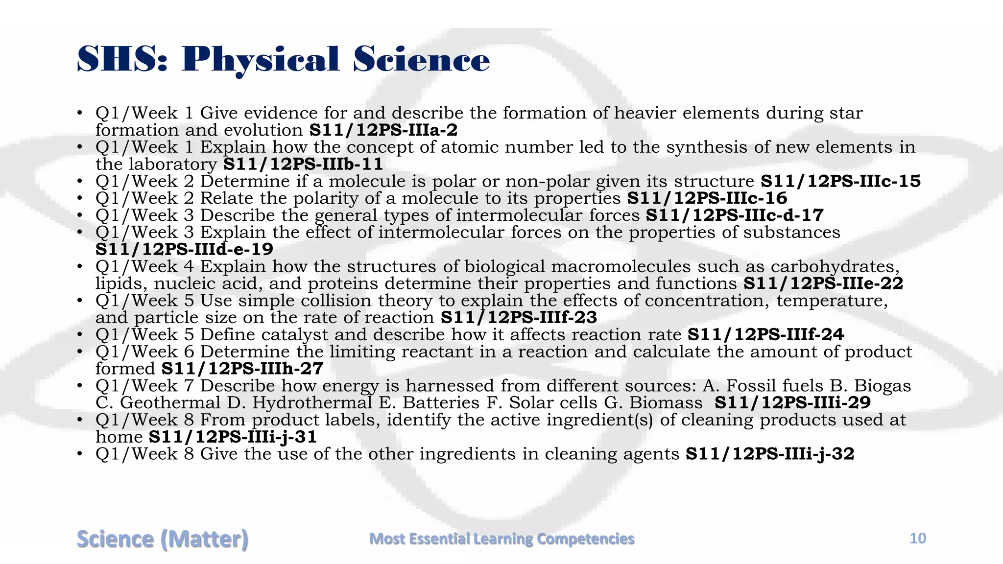 SHS: Physical Science
• Q1/Week 1 Give evidence for and describe the formation of heavier elements during star
formation and evolution S11/12PS-IIIa-2
• Q1/Week 1 Explain how the concept of atomic number led to the synthesis of new elements in
the laboratory S11/12PS-IIIb-11
• Q1/Week 2 Determine if a molecule is polar or non-polar given its structure S11/12PS-IIIc-15
• Q1/Week 2 Relate the polarity of a molecule to its properties S11/12PS-IIIc-16
• Q1/Week 3 Describe the general types of intermolecular forces S11/12PS-IIIc-d-17
• Q1/Week 3 Explain the effect of intermolecular forces on the properties of substances
S11/12PS-IIId-e-19
• Q1/Week 4 Explain how the structures of biological macromolecules such as carbohydrates,
lipids, nucleic acid, and proteins determine their properties and functions S11/12PS-IIIe-22
• Q1/Week 5 Use simple collision theory to explain the effects of concentration, temperature,
and particle size on the rate of reaction S11/12PS-IIIf-23
• Q1/Week 5 Define catalyst and describe how it affects reaction rate S11/12PS-IIIf-24
• Q1/Week 6 Determine the limiting reactant in a reaction and calculate the amount of product
formed S11/12PS-IIIh-27
• Q1/Week 7 Describe how energy is harnessed from different sources: A. Fossil fuels B. Biogas
C. Geothermal D. Hydrothermal E. Batteries F. Solar cells G. Biomass S11/12PS-IIIi-29
• Q1/Week 8 From product labels, identify the active ingredient(s) of cleaning products used at
home S11/12PS-IIIi-j-31
• Q1/Week 8 Give the use of the other ingredients in cleaning agents S11/12PS-IIIi-j-32
Science (Matter) Most Essential Learning Competencies 10
 