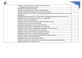 116
Nagagamit ang magagalang na pananalita sa iba’t ibang sitwasyon;
Pagbibigay ng puna sa editorial cartoon
Nakaguguhit ng sariling editorial cartoon
Nagagamit sa pakikipag talastasan ang mga uri ng pangungusap
Naibibigay ang bagong natuklasang kaalaman mula sa binasang teksto
Nasasagot ang mga tanong sa nabasa o napakinggang pagpupulong (pormal at di pormal), katitikan (minutes) ng
pagpupulong
Naipahahayag ang sariling opinyon o reaskyon batay sa napakinggang pagpupulong (pormal at di-pormal)
Nagagamit ang mga uri ng pangungusap sa pormal na pagpupulong
Nakasusulat ng minutes ng pagpupulong
Nasasagot ang tanong sa binasang iskrip ng radio broadcasting at teleradyo
Nakasusulat ng script para sa radio broadcasting
Naibabahagi ang obserbasyon sa iskrip ng radio broadcasting
Naibabahagi ang obserbasyon sa napakinggang script ng teleradyo
Nagagamit ang iba’t ibang uri ng pangungusap sa pagsasagawa ng radio broadcast
Naibibigay ang buod o lagom ng tekstong script ng teleradyo
Nagagamit ang mga uri ng pangungusap sa pagsasabi ng pananaw
Naibabahagi ang obserbasyon sa mga taong kabahagi ng debate
Nagagamit ang mga uri ng pangungusap sa pakikipagdebate tungkol sa isang isyu
Naibibigay ang buod o lagom ng debateng binasa
Nakapaghahambing ng iba’t ibang debateng napanood
Naipakikita ang nakalap na impormasyon sa pamamagitan ng nakalarawang balangkas o dayagram
Nakakukuha ng tala buhat sa binasang teksto
 