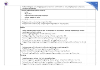 130
Naihahambing ang ilang piling pangyayari sa napanood na telenobela sa ilang piling kaganapan sa lipunang
Asyano sa kasalukuyan
Nasusuri ang maikling kuwento batay sa:
- Paksa
- Mga tauhan
- Pagkakasunod-sunod ng mga pangyayari
- estilo sa pagsulat ng awtor
- iba pa
Napagsusunod-sunod ang mga pangyayari sa akda
Napagsusunod-sunod ang mga pangyayari gamit ang angkop na mga pag-ugnay
Nobela
Nauuri ang mga tiyak na bahagi sa akda na nagpapakita ng katotohanan, kabutihan at kagandahan batay sa
napakinggang bahagi ng nobela
Nasusuri ang tunggaliang tao vs. sarili sa binasang nobela
Nabibigyan ng sariling interpretasyon ang mga pahiwatig na ginamit sa akda
Nasusuri ang pinanood na teleseryeng Asyano batay sa itinakdang pamantayan
Naisusulat ang isang pangyayari na nagpapakita ng tunggaliang tao vs. sarili
Nagagamit ang mga pahayag na ginagagamit sa pagbibigay-opinyon (sa tingin / akala / pahayag / ko, iba pa)
Tula
Naiuugnay ang sariling damdamin sa damdaming inihayag sa napakinggang tula
Nailalahad ang sariling pananaw ng paksa sa mga tulang Asyano
Natutukoy at naipaliliwanag ang magkakasingkahulugang pahayag sa ilang taludturan
Naisusulat ang ilang taludtod tungkol sa pagpapahalaga sa pagiging mamamayan ng rehiyong Asya
Sanaysay
Naipaliliwanag ang salitang may higit sa isang kahulugan
Nasusuri ang paraan ng pagpapahayag ng mga ideya at opinyon sa napanood na debate o kauri nito
Naisusulat ang sariling opinyon tungkol sa mga dapat o hindi dapat na katangian ng kabataang Asyano
Nagagamit ang mga pang-ugnay sa pagpapahayag ng sariling pananaw
 