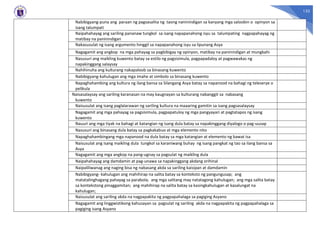 132
Nabibigyang-puna ang paraan ng pagsasalita ng taong naninindigan sa kanyang mga saloobin o opinyon sa
isang talumpati
Naipahahayag ang sariling pananaw tungkol sa isang napapanahong isyu sa talumpating nagpapahayag ng
matibay na paninindigan
Nakasusulat ng isang argumento hinggil sa napapanahong isyu sa lipunang Asya
Nagagamit ang angkop na mga pahayag sa pagbibigay ng opinyon, matibay na paninindigan at mungkahi
Nasusuri ang maikling kuwento batay sa estilo ng pagsisimula, pagpapadaloy at pagwawakas ng
napakinggang salaysay
Nahihinuha ang kulturang nakapaloob sa binasang kuwento
Nabibigyang-kahulugan ang mga imahe at simbolo sa binasang kuwento
Napaghahambing ang kultura ng ilang bansa sa Silangang Asya batay sa napanood na bahagi ng teleserye o
pelikula
Naisasalaysay ang sariling karanasan na may kaugnayan sa kulturang nabanggit sa nabasang
kuwento
Naisusulat ang isang paglalarawan ng sariling kultura na maaaring gamitin sa isang pagsasalaysay
Nagagamit ang mga pahayag sa pagsisimula, pagpapatuloy ng mga pangyayari at pagtatapos ng isang
kuwento
Nauuri ang mga tiyak na bahagi at katangian ng isang dula batay sa napakinggang diyalogo o pag-uusap
Nasusuri ang binasang dula batay sa pagkakabuo at mga elemento nito
Napaghahambingang mga napanood na dula batay sa mga katangian at elemento ng bawat isa
Naisusulat ang isang maikling dula tungkol sa karaniwang buhay ng isang pangkat ng tao sa ilang bansa sa
Asya
Nagagamit ang mga angkop na pang-ugnay sa pagsulat ng maikling dula
Naipahahayag ang damdamin at pag-unawa sa napakinggang akdang orihinal
Naipaliliwanag ang naging bisa ng nabasang akda sa sariling kaisipan at damdamin
Nabibigyang- kahulugan ang mahihirap na salita batay sa konteksto ng pangungusap; ang
matatalinghagang pahayag sa parabola; ang mga salitang may natatagong kahulugan; ang mga salita batay
sa kontekstong pinaggamitan; ang mahihirap na salita batay sa kasingkahulugan at kasalungat na
kahulugan;
Naisusulat ang sariling akda na nagpapakita ng pagpapahalaga sa pagiging Asyano
Nagagamit ang linggwistikong kahusayan sa pagsulat ng sariling akda na nagpapakita ng pagpapahalaga sa
pagiging isang Asyano
 