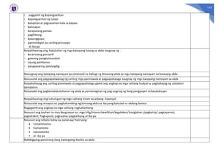 142
- paggamit ng kapangyarihan
- kapangyarihan ng salapi
- kalupitan at pagsasaman-tala sa kapwa
- kahirapan
- karapatang pantao
- paglilibang
- kawanggawa
- paninindigan sa sariling prinsipyo
at iba pa
Naipaliliwanag ang kabuluhan ng mga kaisipang lutang sa akda kaugnay ng :
- karanasang pansarili
- gawaing pangkomunidad
- isyung pambansa
- pangyayaring pandaigdig
Naiuugnay ang kaisipang namayani sa pinanood na bahagi ng binasang akda sa mga kaisipang namayani sa binasang akda
Naisusulat ang pagpapaliwanag ng sariling mga paniniwala at pagpapahalaga kaugnay ng mga kaisipang namayani sa akda
Naipahahayag ang sariling paniniwala at pagpapahalaga gamit ang angkop na mga salitang hudyat sa paghahayag ng saloobin/
damdamin
Naisasaad ang pagkamakatotohanan ng akda sa pamamagitan ng pag-uugnay ng ilang pangyayari sa kasalukuyan
Naipaliliwanag ang kahulugan ng mga salitang hiram sa wikang Espanyol
Naisusulat ang maayos na paghahambing ng binuong akda sa iba pang katulad na akdang binasa
Nagagamit ang angkop na mga salitang naghahambing
Nasusuri ang tauhan na may kaugnayan sa: mga hilig/interes kawilihan/kagalakan/ kasiglahan /pagkainip/ pagkayamot;
pagkatakot; Pagkapoot; pagkaaliw/ pagkalibang at iba pa
Nasusuri ang nobela batay sa pananaw/ teoryang:
• romantisismo
• humanismo
• naturalistiko
• at iba pa
Nabibigyang-pansinang ilang katangiang klasiko sa akda
 