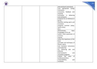 563
exercise/sports techniques
uses appropriate cueing,
motivation,
instruction, feedback and
teaching
techniques in delivering
exercise/sports
programs for an individual or
group
identifies existing sports and
recreation
programs (summer camps,
sports clinics,
etc.)
demonstrates basic
knowledge of first aid
and/or initial assessment of
common
injuries
values the importance of the
basic
principles and techniques of
fitness, sports
and recreation instructions
and leadership
for delivering safe and
effective
exercise/sports and
recreation programs
realizes the value of
professional ethics,
responsibilities, and
standards
 
