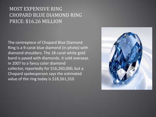 Most Expensive RingChopard Blue Diamond RingPrice: $16.26 millionThe centrepiece of Chopard Blue Diamond Ring is a 9-carat blue diamond (in photo) with diamond shoulders. The 18-carat white gold band is paved with diamonds. It sold overseas in 2007 to a fancy color diamond collector, reportedly for $16,260,000, but a Chopard spokesperson says the estimated value of the ring today is $18,561,310