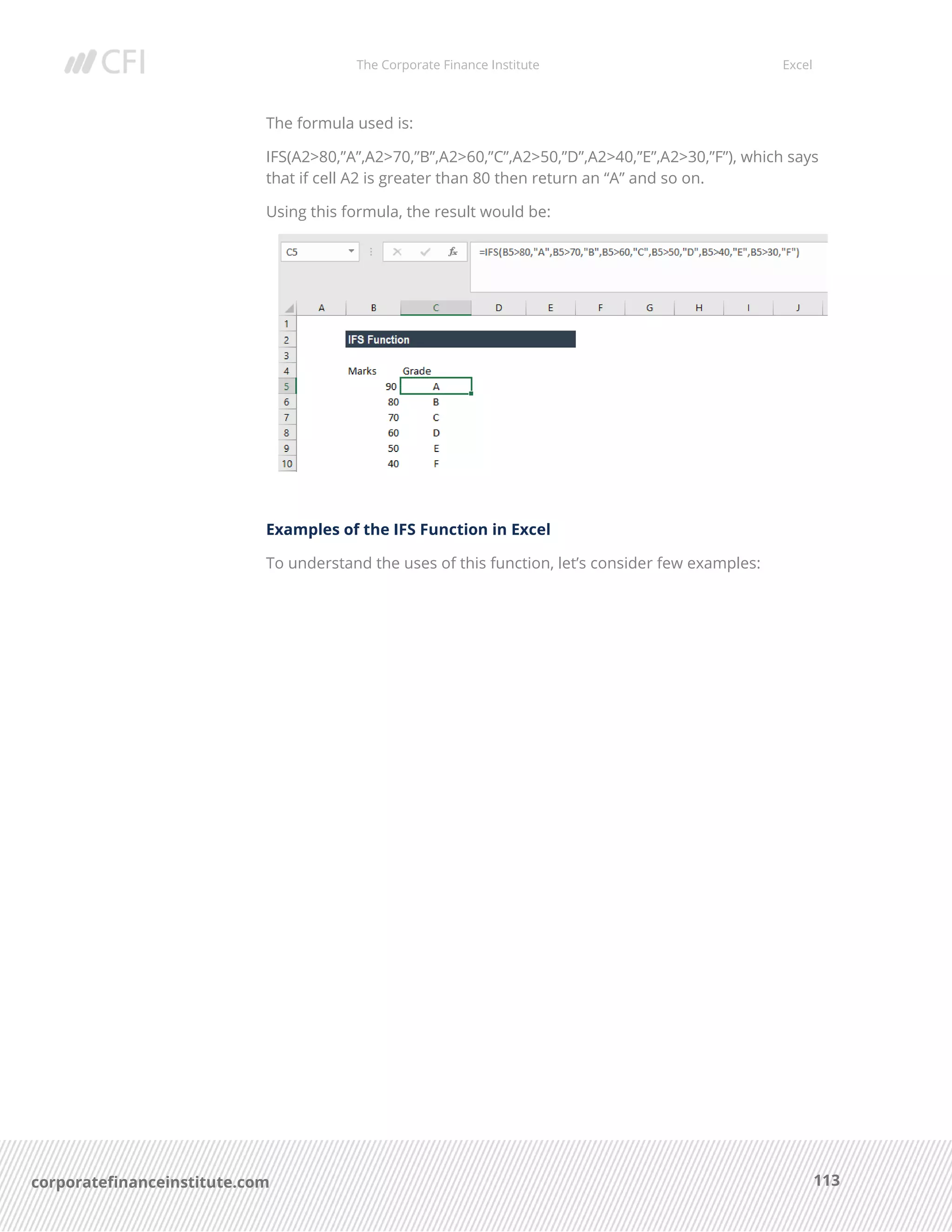 The Corporate Finance Institute Excel
113corporatefinanceinstitute.com
The formula used is:
IFS(A2>80,”A”,A2>70,”B”,A2>60,”C”,A2>50,”D”,A2>40,”E”,A2>30,”F”), which says
that if cell A2 is greater than 80 then return an “A” and so on.
Using this formula, the result would be:
Examples of the IFS Function in Excel
To understand the uses of this function, let’s consider few examples:
 