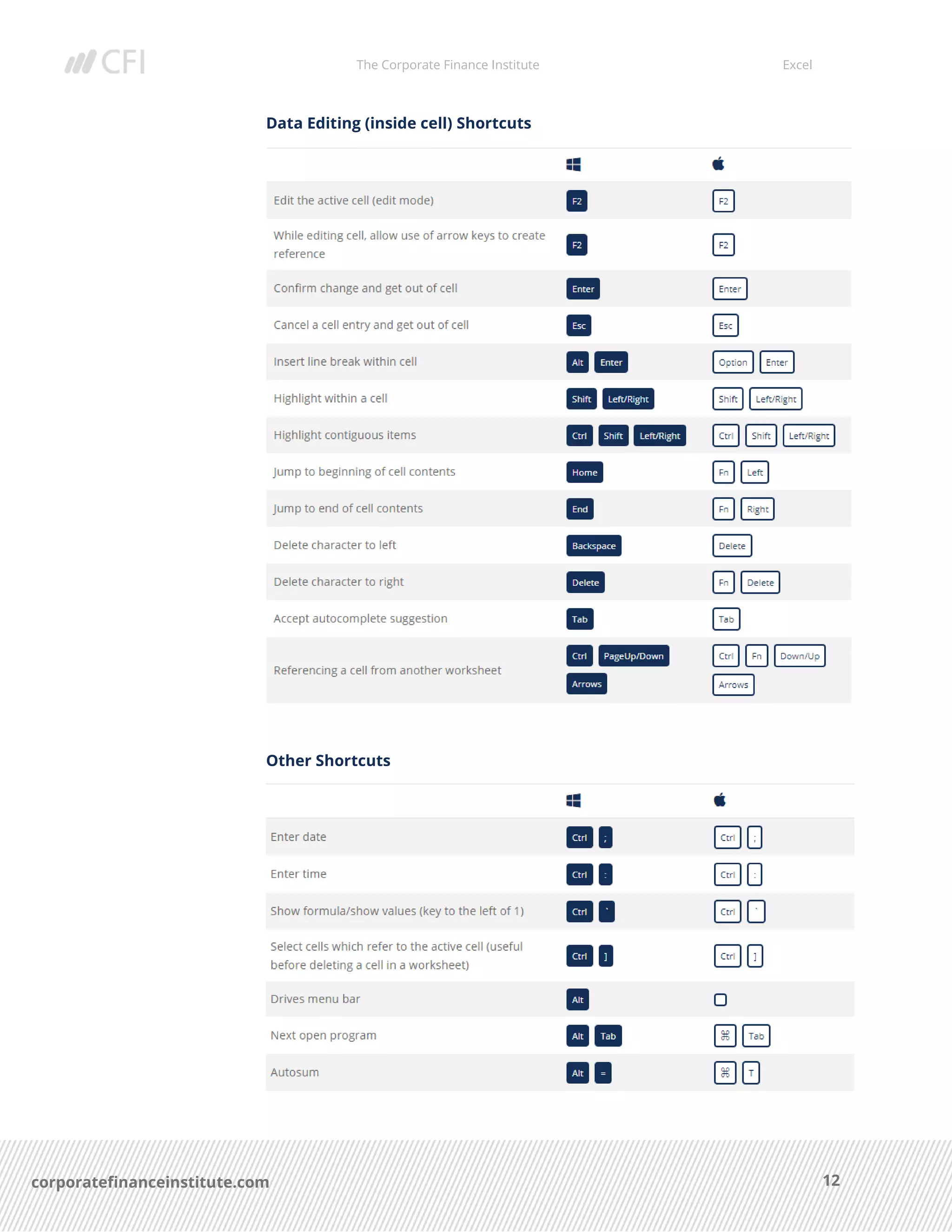 The Corporate Finance Institute Excel
12corporatefinanceinstitute.com
Data Editing (inside cell) Shortcuts
Other Shortcuts
 