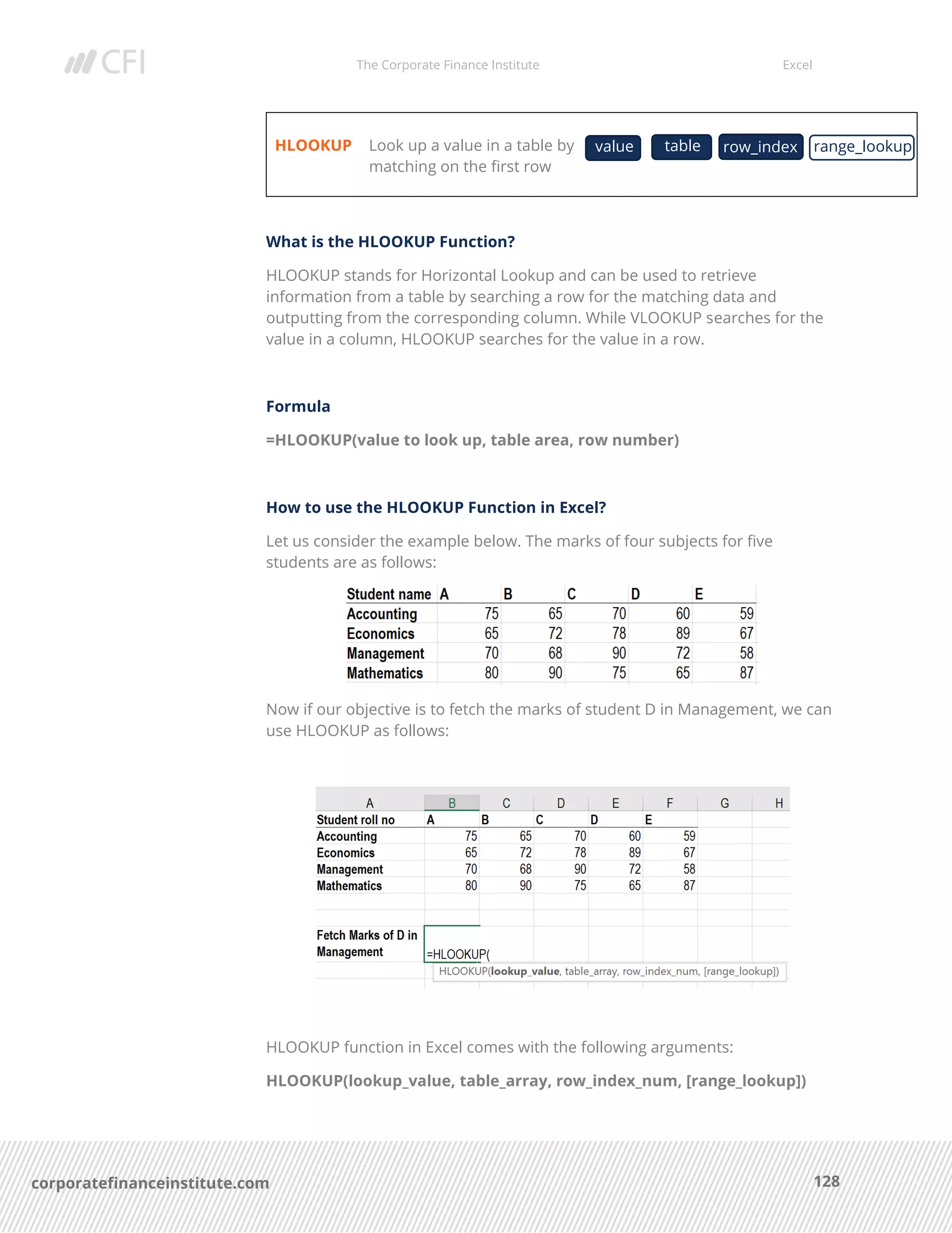 The Corporate Finance Institute Excel
128corporatefinanceinstitute.com
HLOOKUP Look up a value in a table by
matching on the first row
What is the HLOOKUP Function?
HLOOKUP stands for Horizontal Lookup and can be used to retrieve
information from a table by searching a row for the matching data and
outputting from the corresponding column. While VLOOKUP searches for the
value in a column, HLOOKUP searches for the value in a row.
Formula
=HLOOKUP(value to look up, table area, row number)
How to use the HLOOKUP Function in Excel?
Let us consider the example below. The marks of four subjects for five
students are as follows:
Now if our objective is to fetch the marks of student D in Management, we can
use HLOOKUP as follows:
HLOOKUP function in Excel comes with the following arguments:
HLOOKUP(lookup_value, table_array, row_index_num, [range_lookup])
value range_lookuptable row_index
 