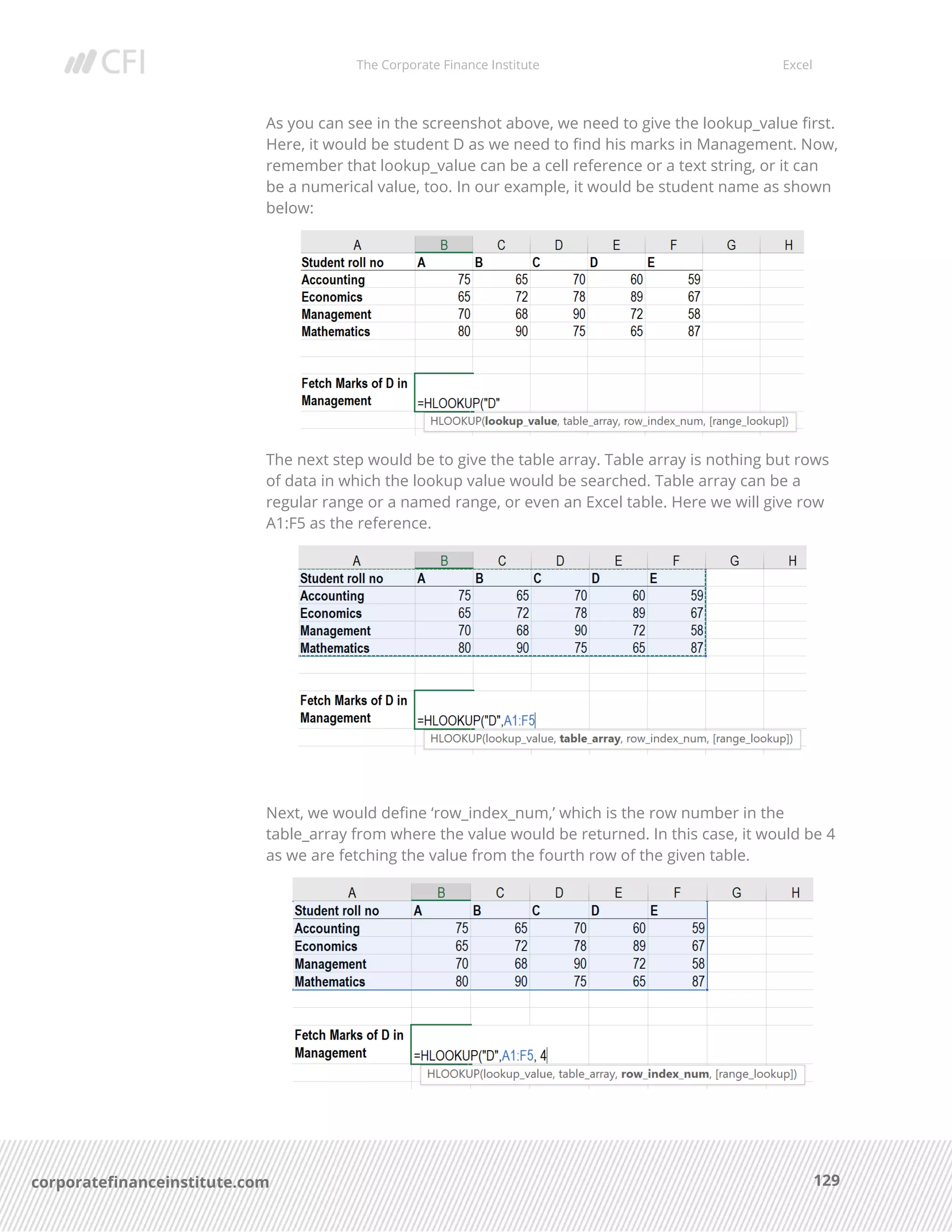 The Corporate Finance Institute Excel
129corporatefinanceinstitute.com
As you can see in the screenshot above, we need to give the lookup_value first.
Here, it would be student D as we need to find his marks in Management. Now,
remember that lookup_value can be a cell reference or a text string, or it can
be a numerical value, too. In our example, it would be student name as shown
below:
The next step would be to give the table array. Table array is nothing but rows
of data in which the lookup value would be searched. Table array can be a
regular range or a named range, or even an Excel table. Here we will give row
A1:F5 as the reference.
Next, we would define ‘row_index_num,’ which is the row number in the
table_array from where the value would be returned. In this case, it would be 4
as we are fetching the value from the fourth row of the given table.
 