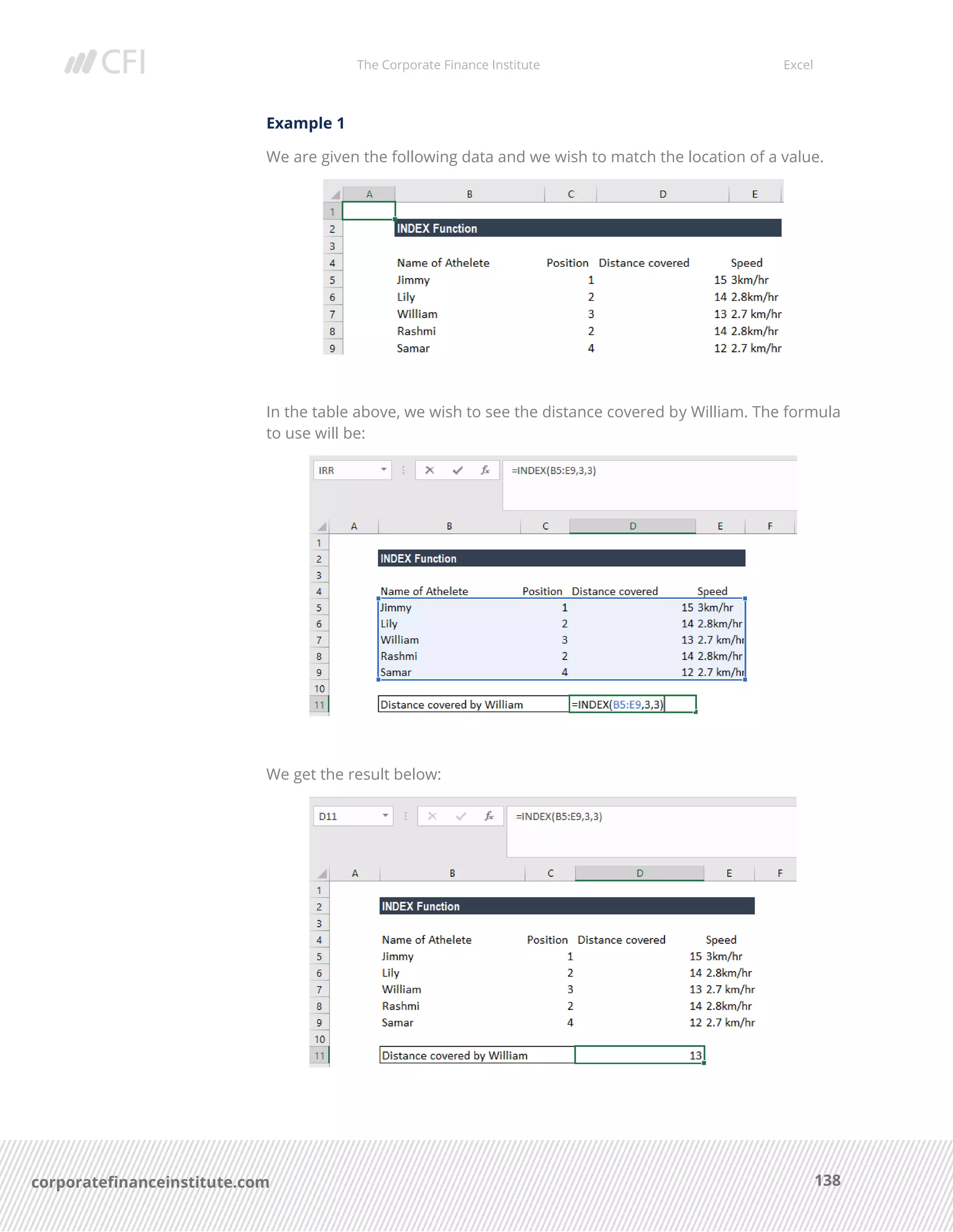 The Corporate Finance Institute Excel
138corporatefinanceinstitute.com
Example 1
We are given the following data and we wish to match the location of a value.
In the table above, we wish to see the distance covered by William. The formula
to use will be:
We get the result below:
 