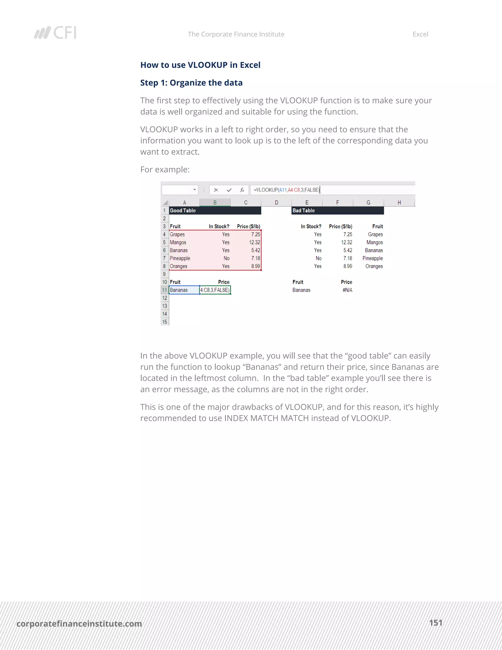 The Corporate Finance Institute Excel
151corporatefinanceinstitute.com
How to use VLOOKUP in Excel
Step 1: Organize the data
The first step to effectively using the VLOOKUP function is to make sure your
data is well organized and suitable for using the function.
VLOOKUP works in a left to right order, so you need to ensure that the
information you want to look up is to the left of the corresponding data you
want to extract.
For example:
In the above VLOOKUP example, you will see that the “good table” can easily
run the function to lookup “Bananas” and return their price, since Bananas are
located in the leftmost column. In the “bad table” example you’ll see there is
an error message, as the columns are not in the right order.
This is one of the major drawbacks of VLOOKUP, and for this reason, it’s highly
recommended to use INDEX MATCH MATCH instead of VLOOKUP.
 